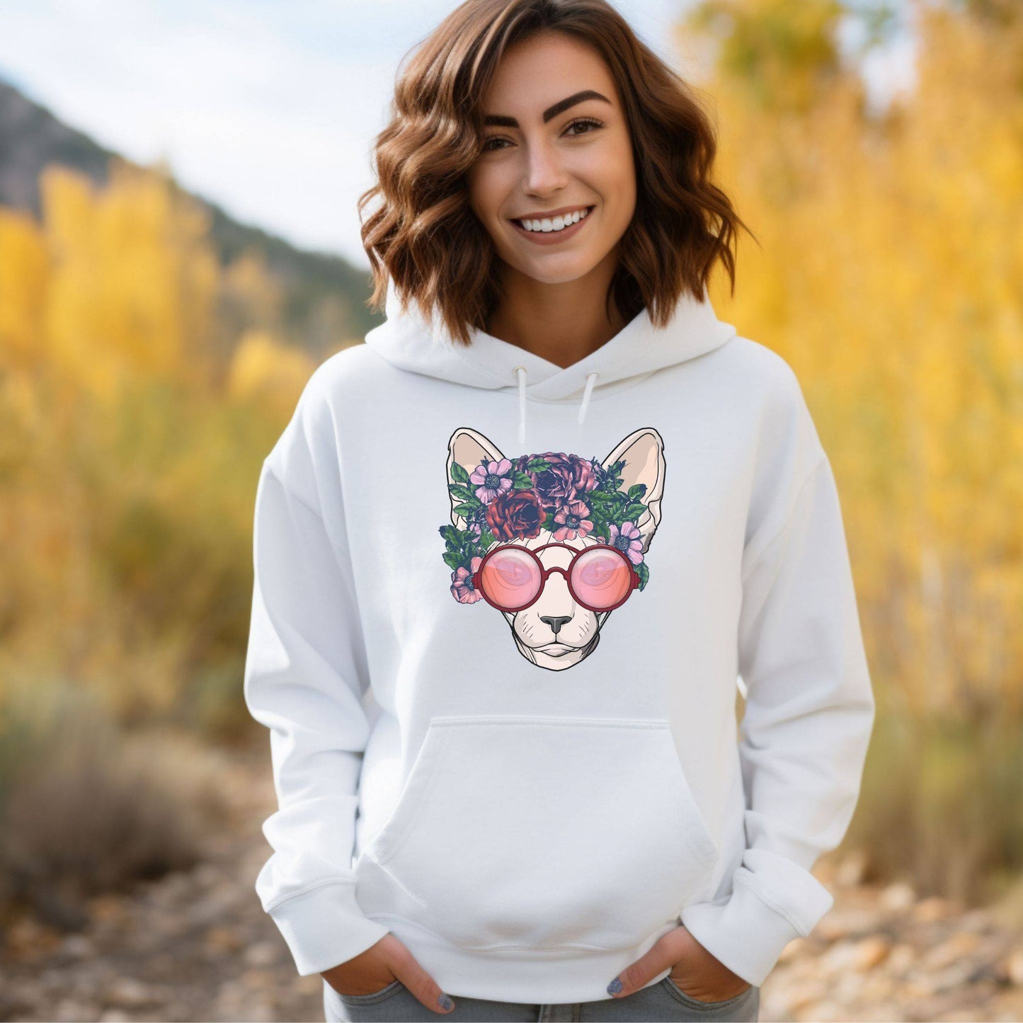 White Flower Sphynx Cat Hooded Sweatshirt Unisex