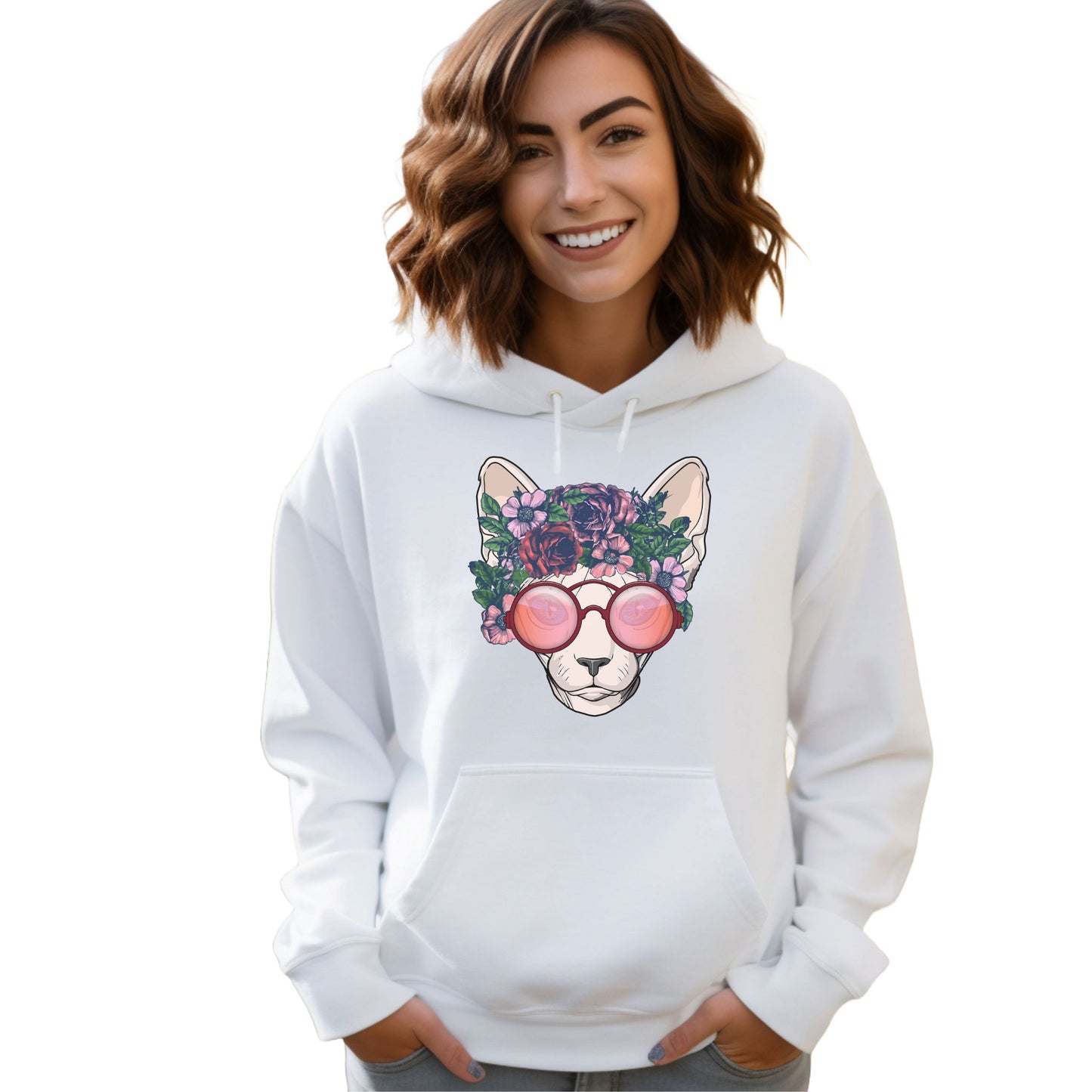 White Flower Sphynx Cat Hooded Sweatshirt Unisex