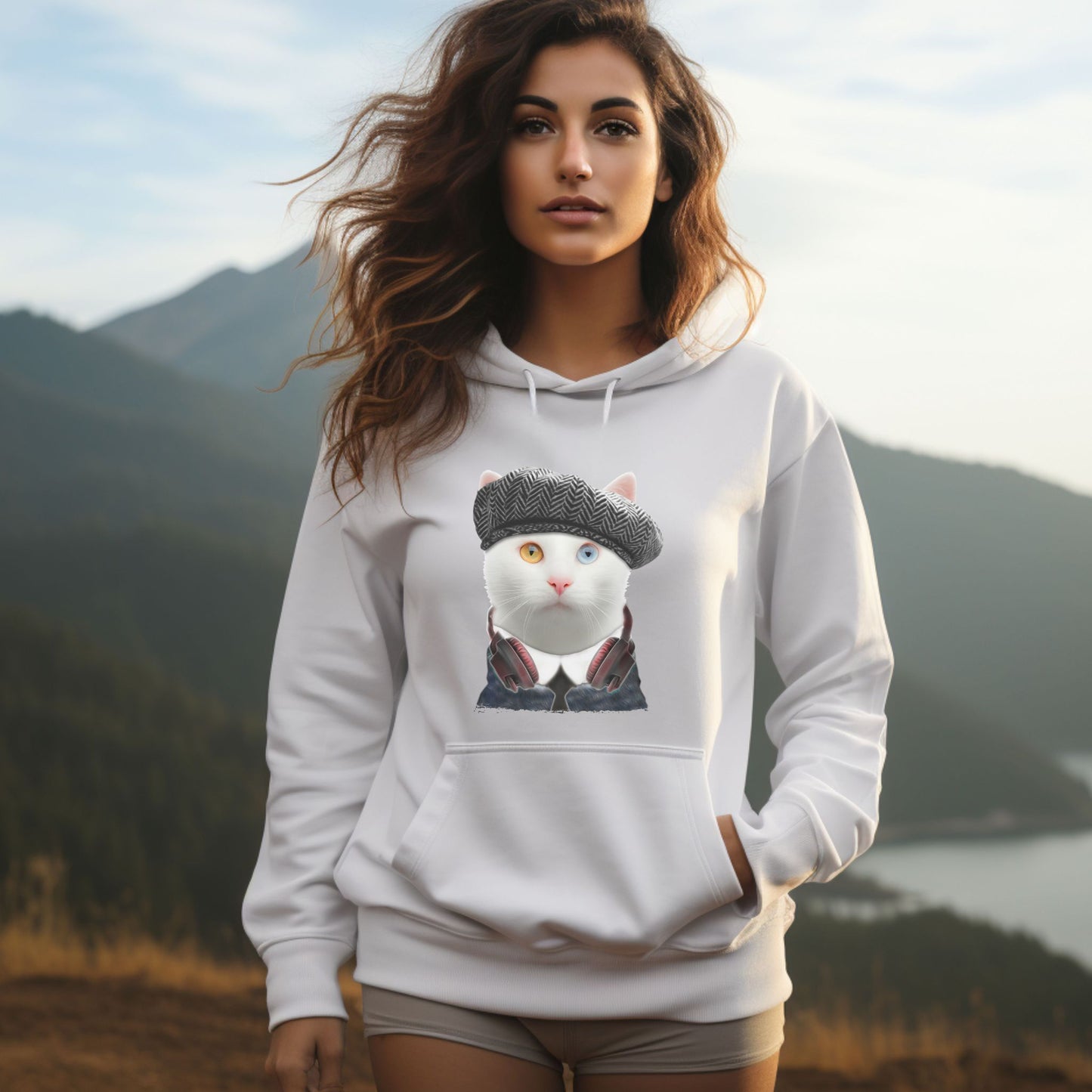 White Headphones Cat Themed Hooded Sweatshirt Unisex