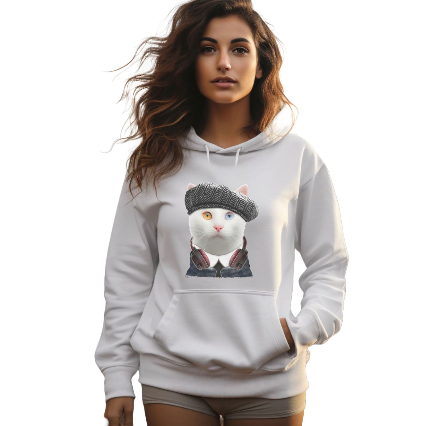 White Headphones Cat Themed Hooded Sweatshirt Unisex
