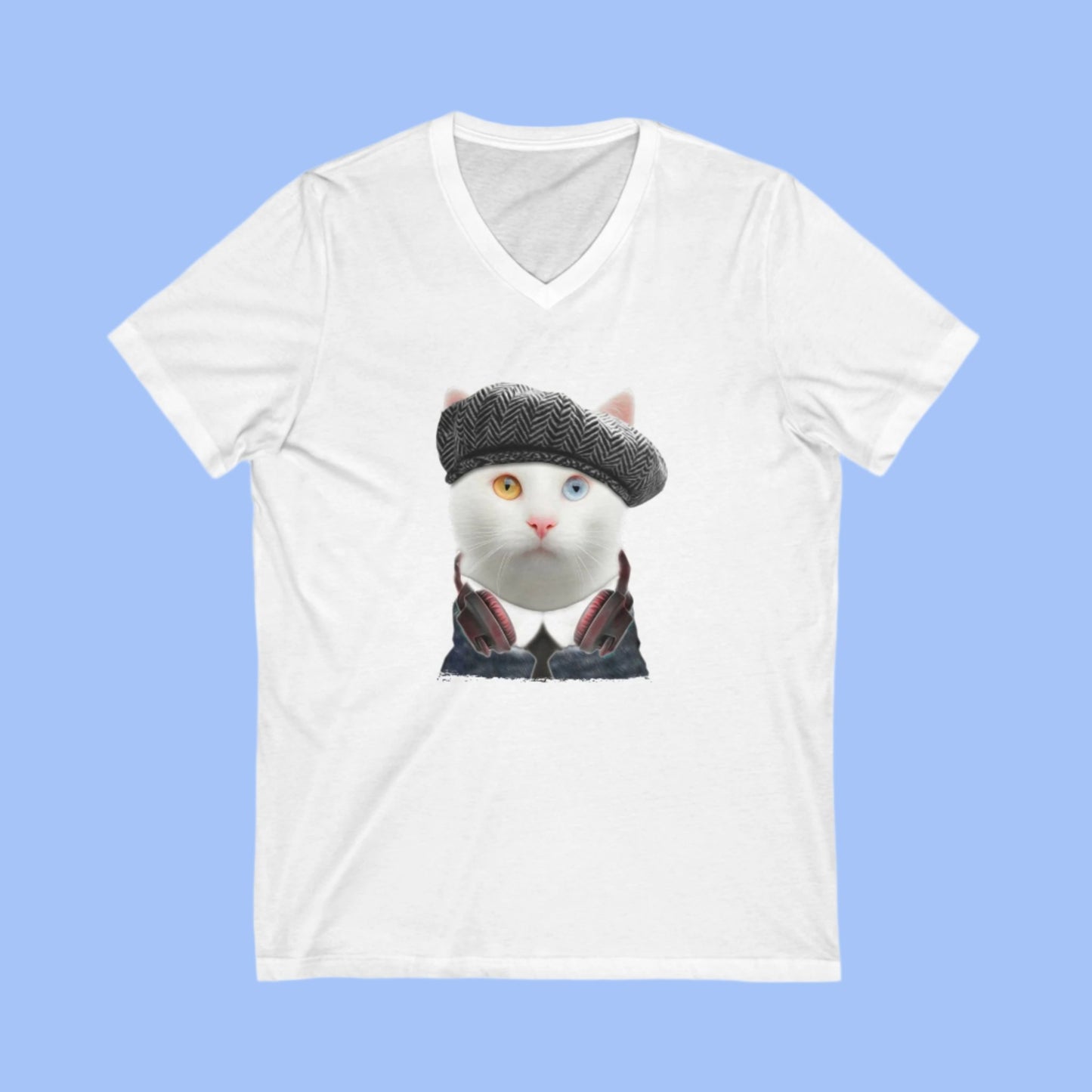 White Headphones T-Shirt Unisex V-Neck Cat Theme