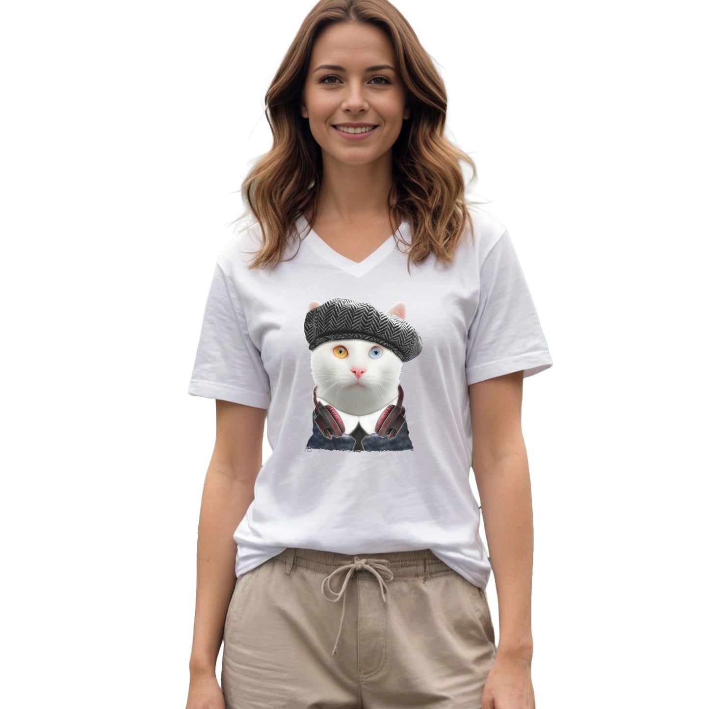 White Headphones T-Shirt Unisex V-Neck Cat Theme