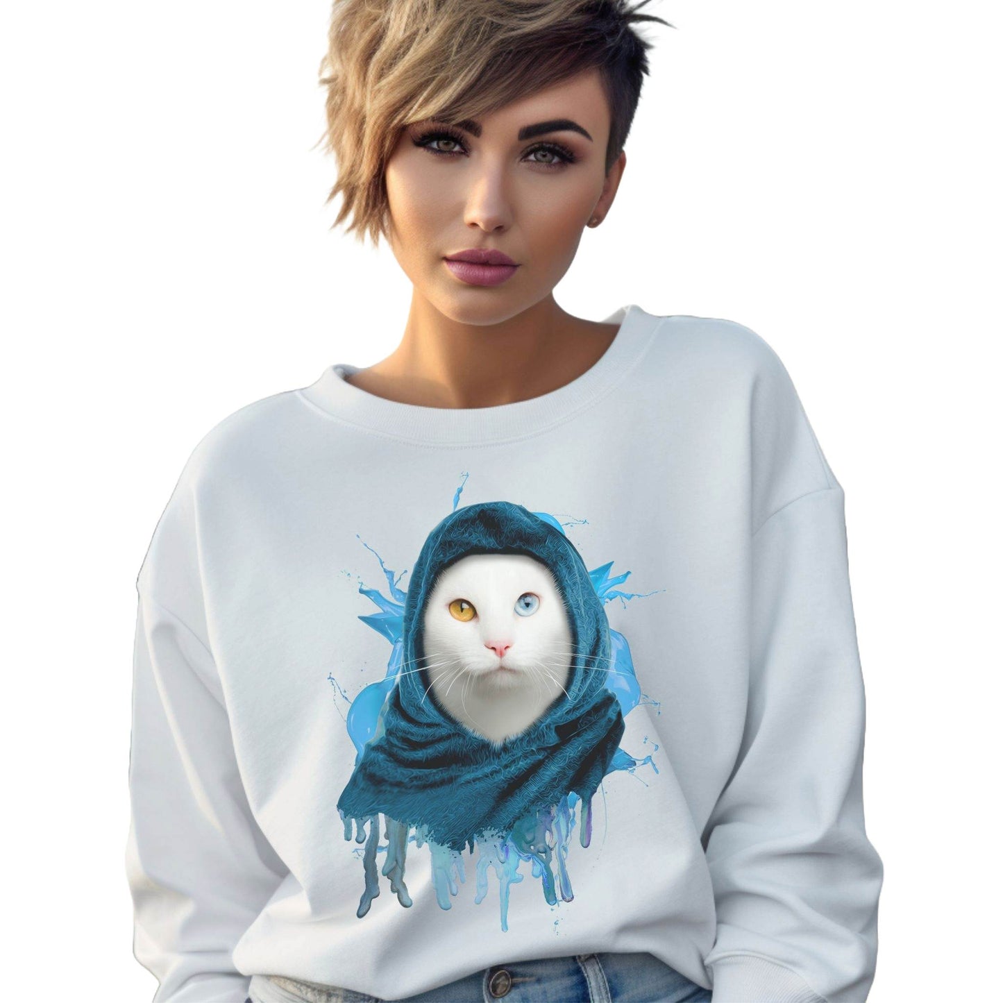 White Headscarf Cat Themed Crewneck Unisex Sweatshirt