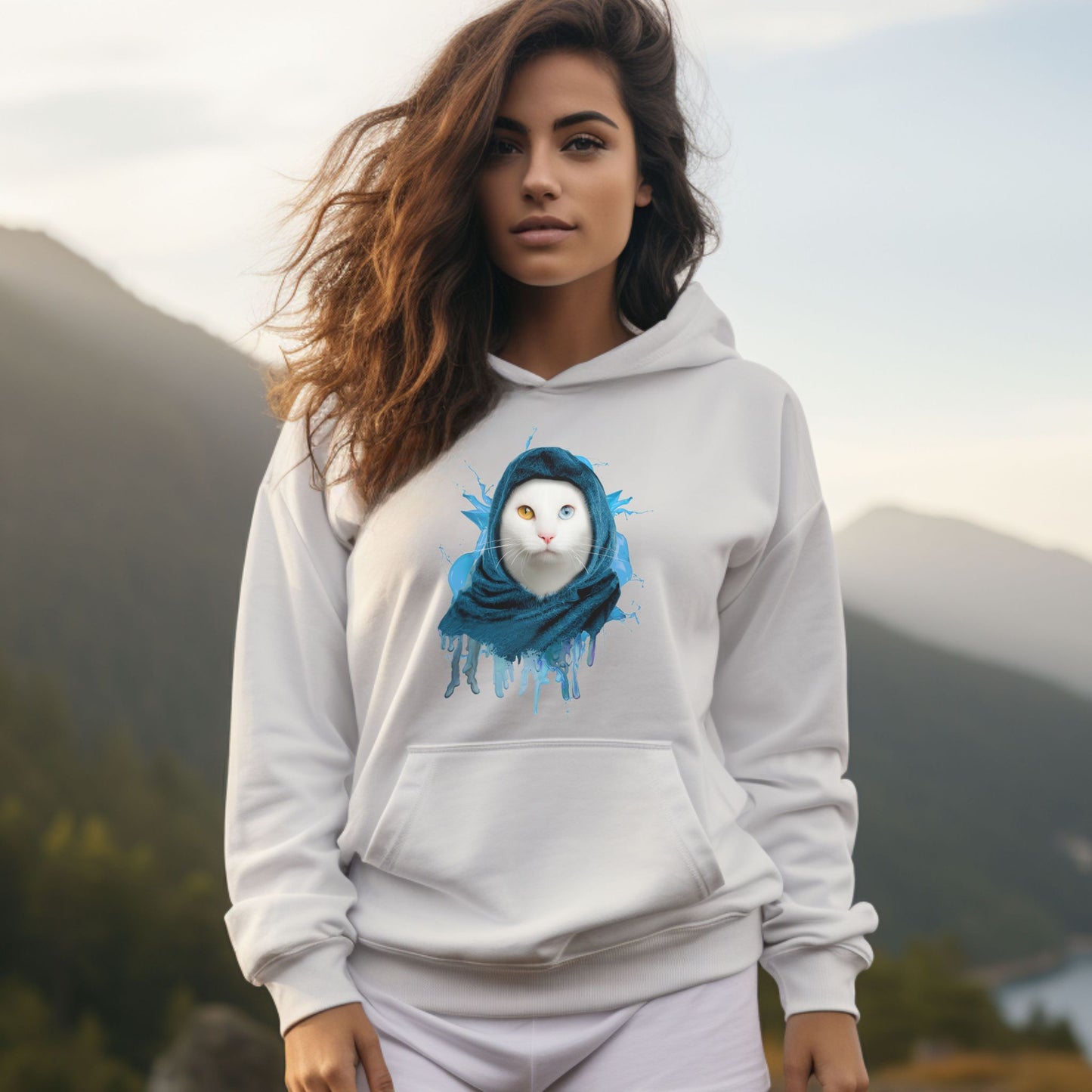 White Headscarf Cat Themed Hooded Sweatshirt Unisex