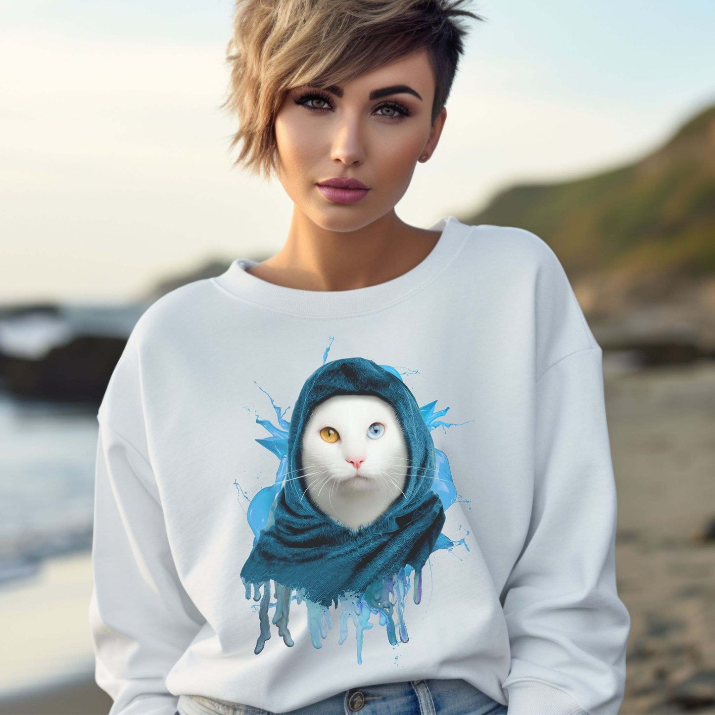 White Headscarf Cat Themed Crewneck Unisex Sweatshirt