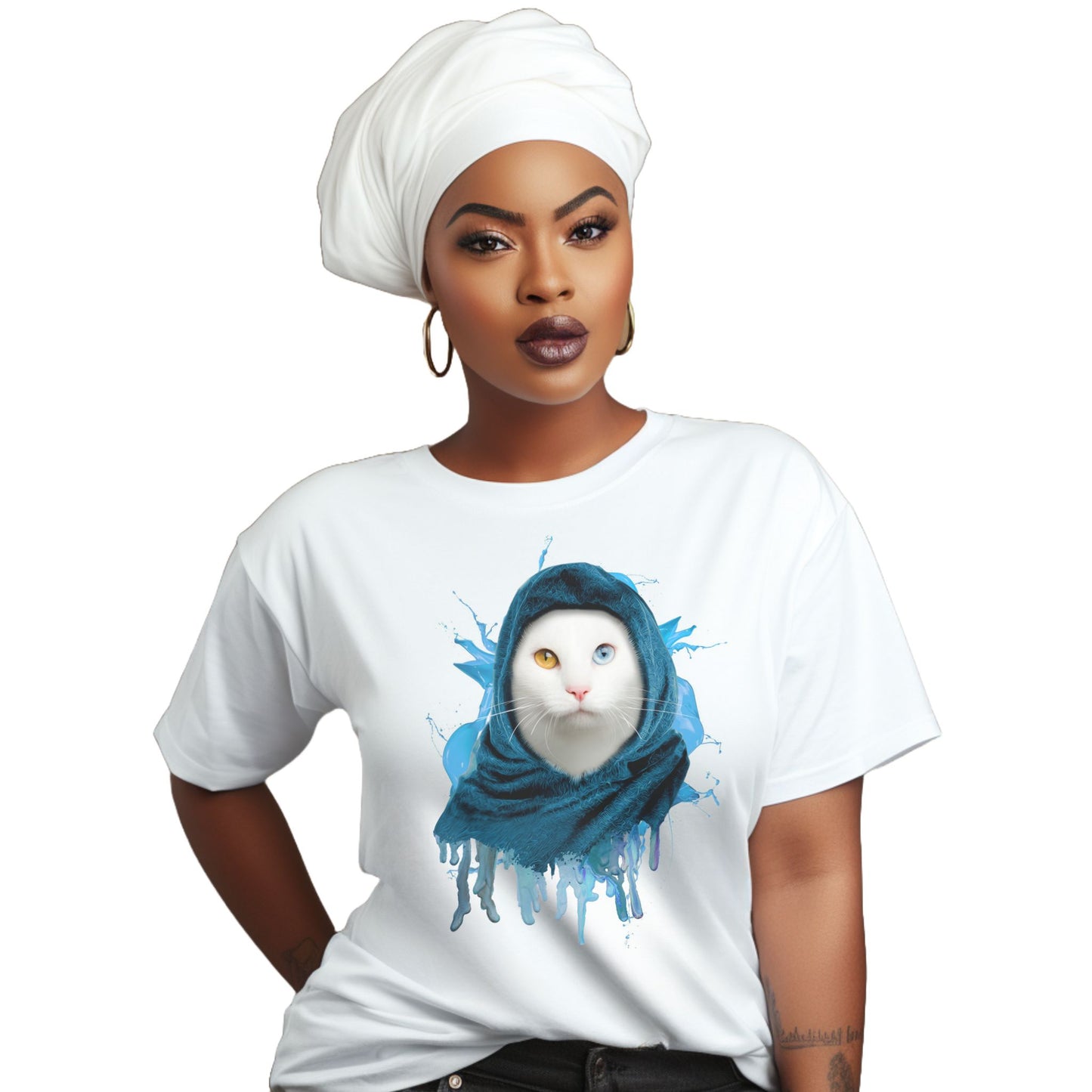 White Headscarf Cat T-Shirt Unisex Crew Neck