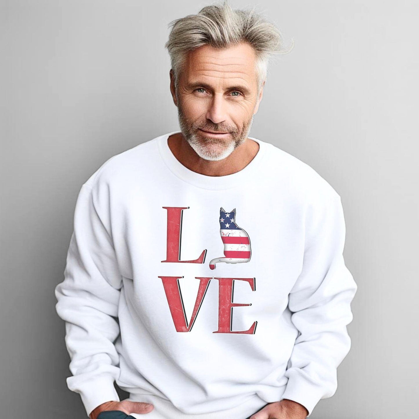 White LOVE USA Cat Themed Crewneck Unisex Sweatshirt