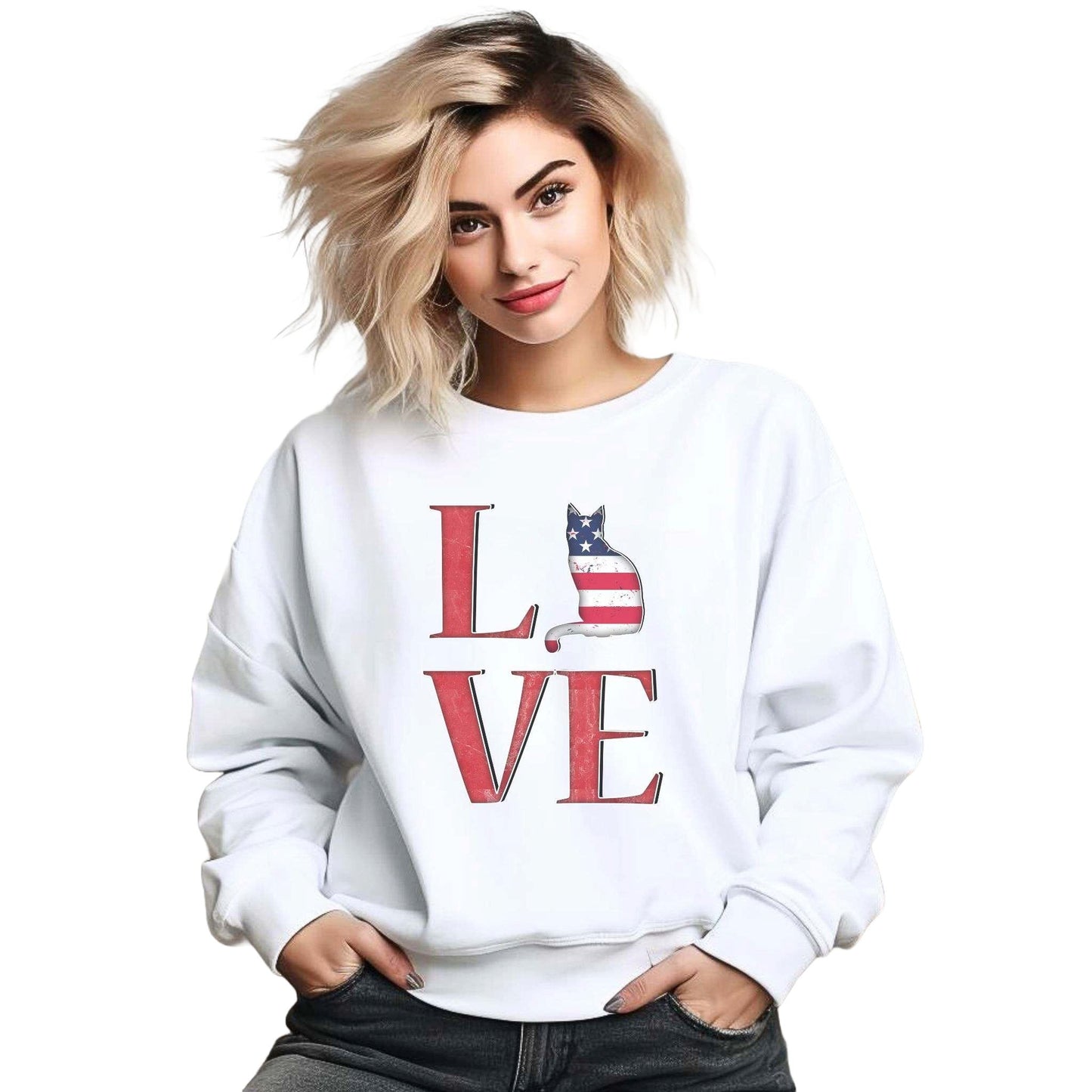White LOVE USA Cat Themed Crewneck Unisex Sweatshirt