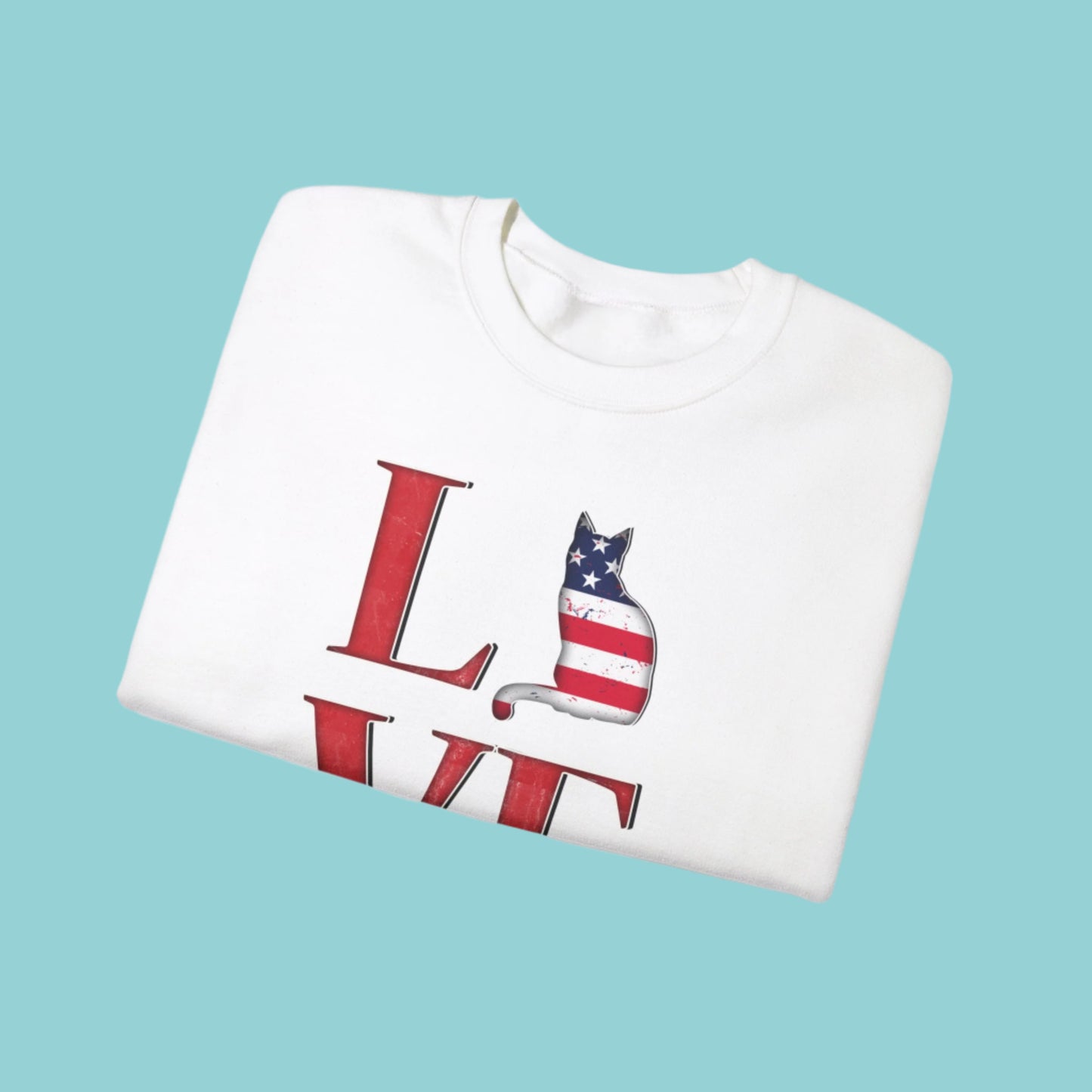 White LOVE USA Cat Themed Crewneck Unisex Sweatshirt