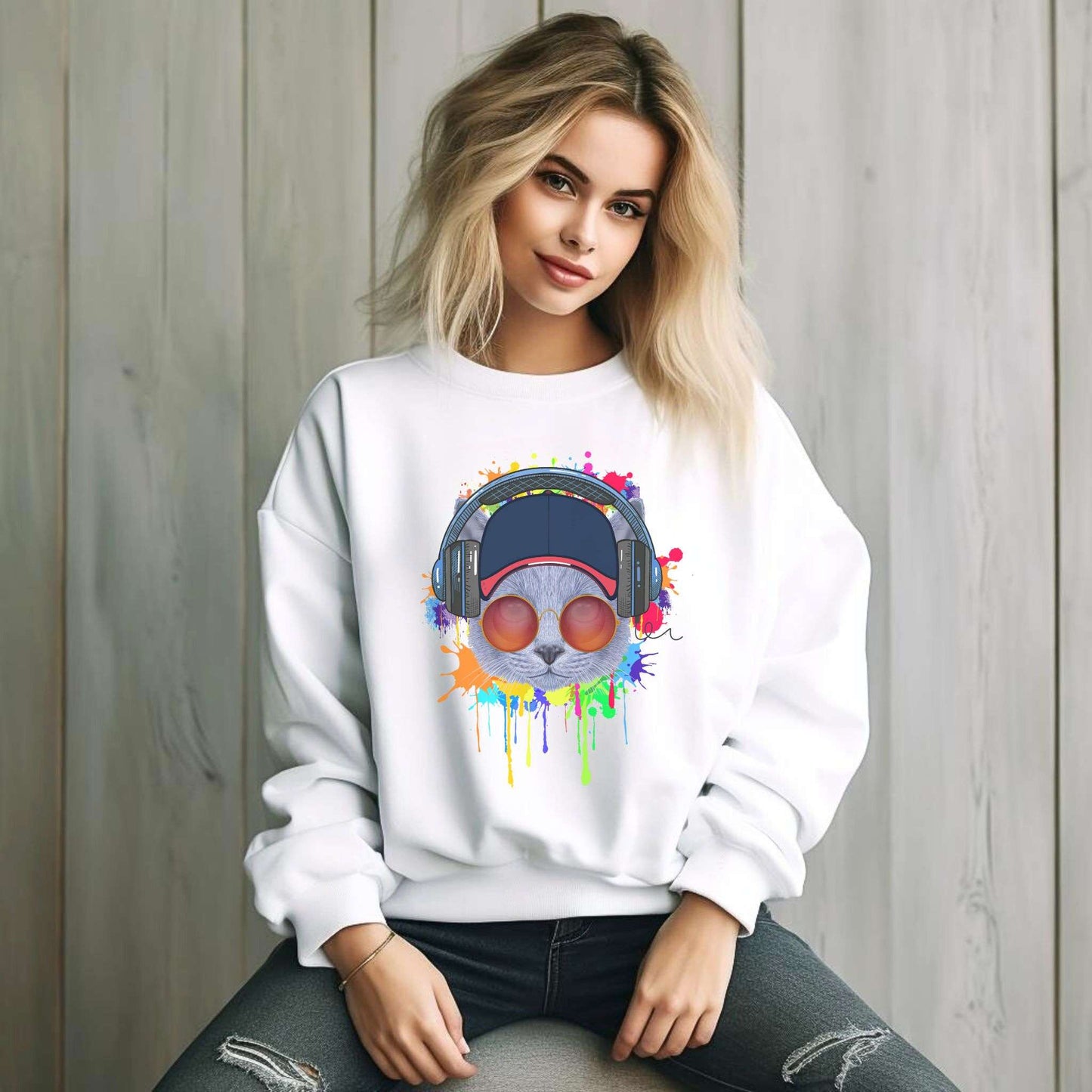 White Lost In Music Cat Themed Crewneck Unisex Sweatshirt