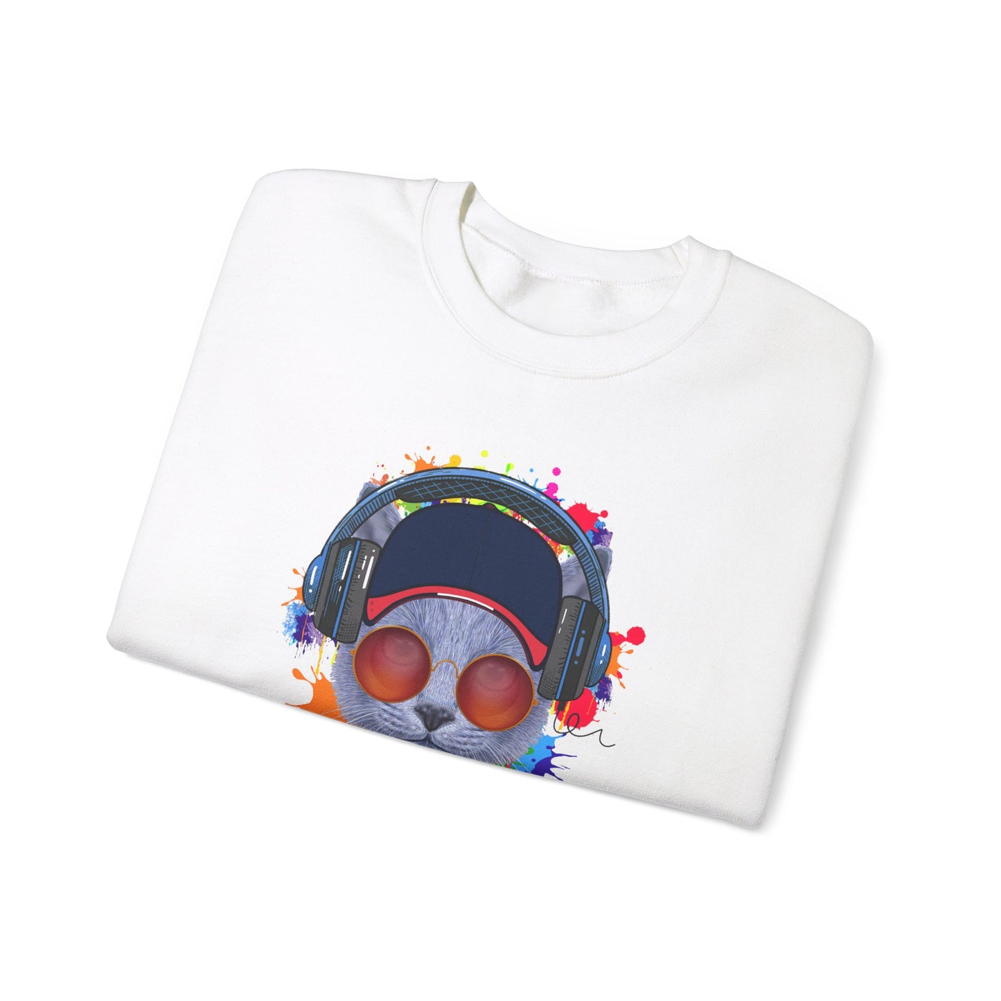 White Lost In Music Cat Themed Crewneck Unisex Sweatshirt