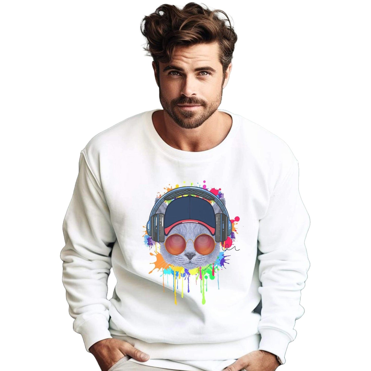 White Lost In Music Cat Themed Crewneck Unisex Sweatshirt