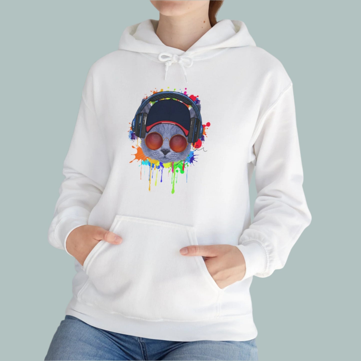 White Lost In Music Cat Themed Hooded Sweatshirt Unisex