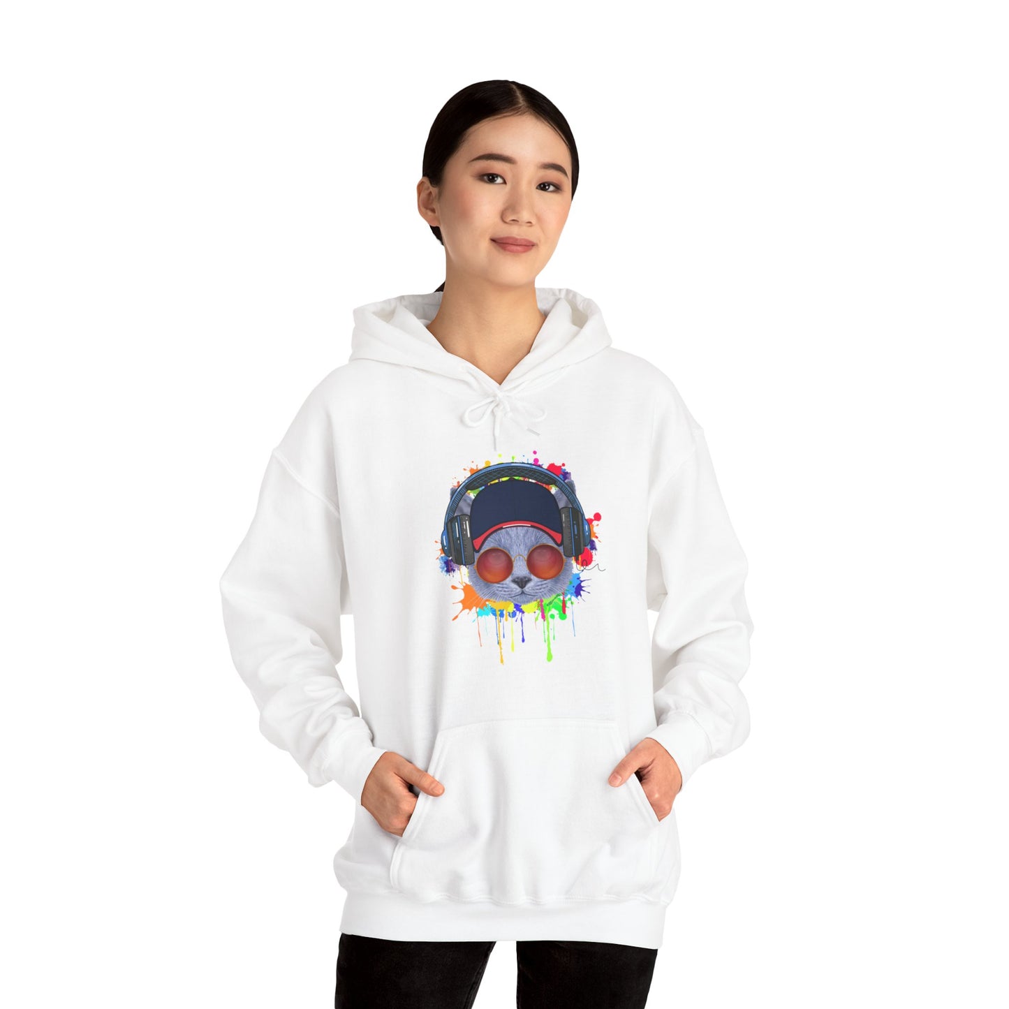 White Lost In Music Cat Themed Hooded Sweatshirt Unisex