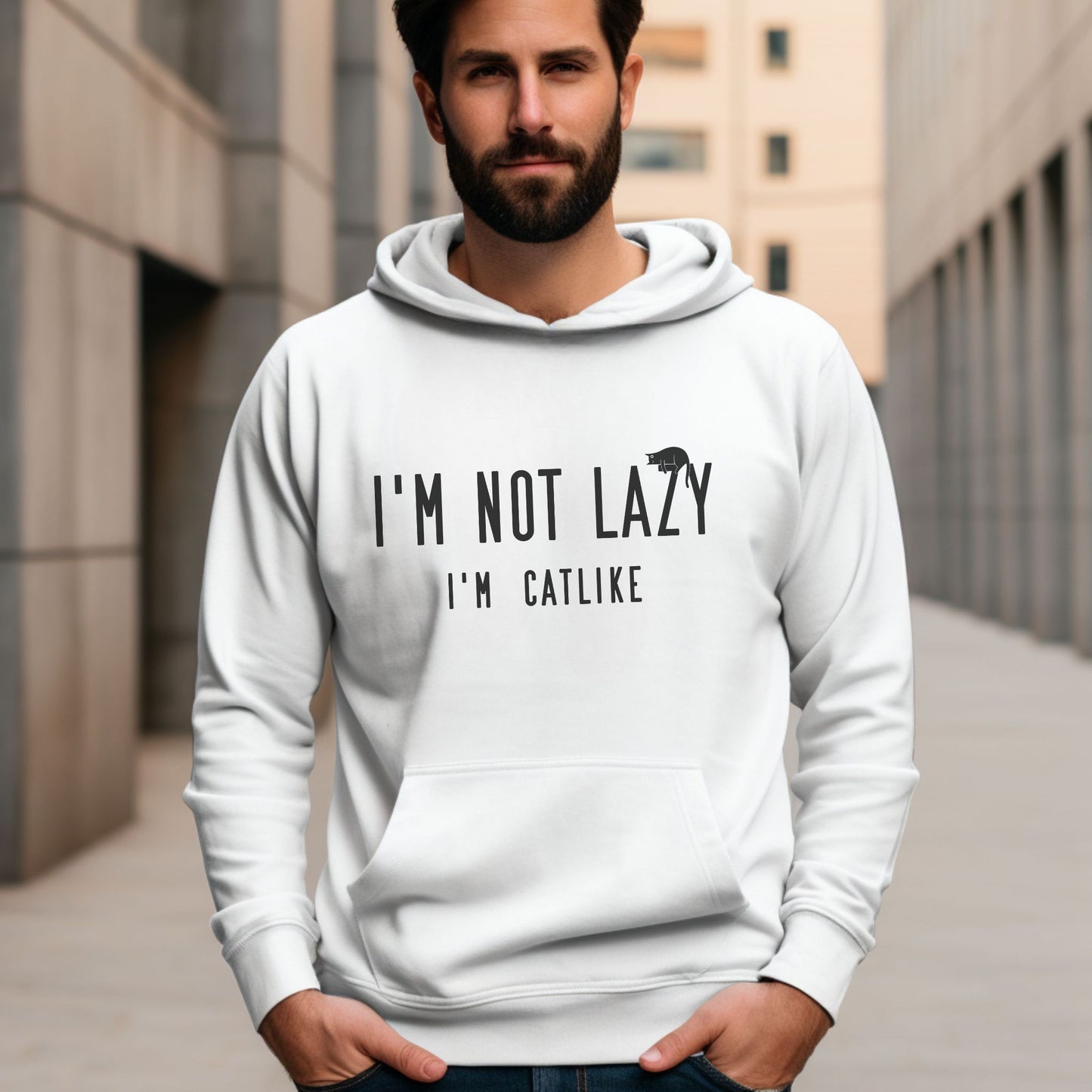 White Not Lazy Cat Themed Hooded Sweatshirt Unisex