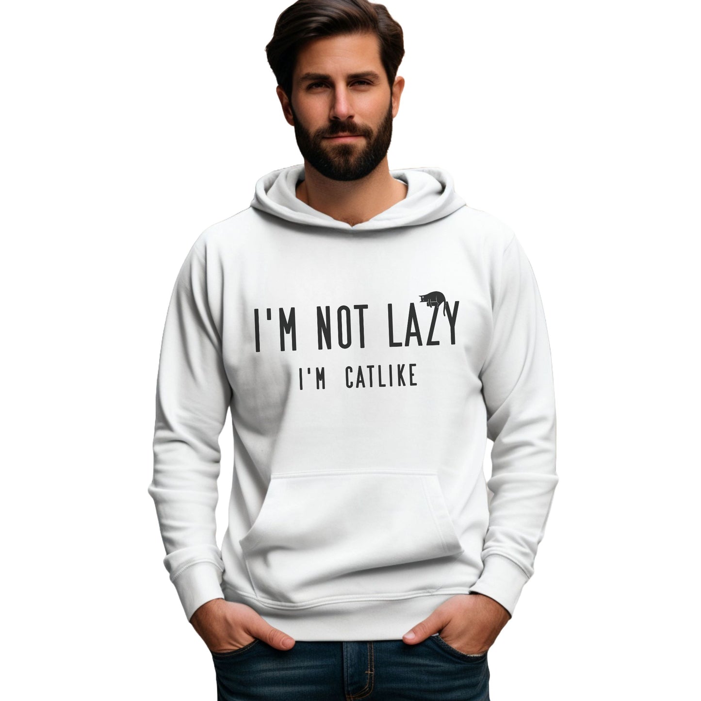 White Not Lazy Cat Themed Hooded Sweatshirt Unisex