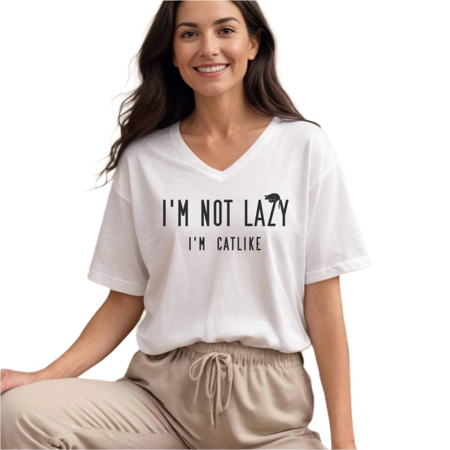 White Not Lazy T-Shirt V-Neck Unisex Cat
