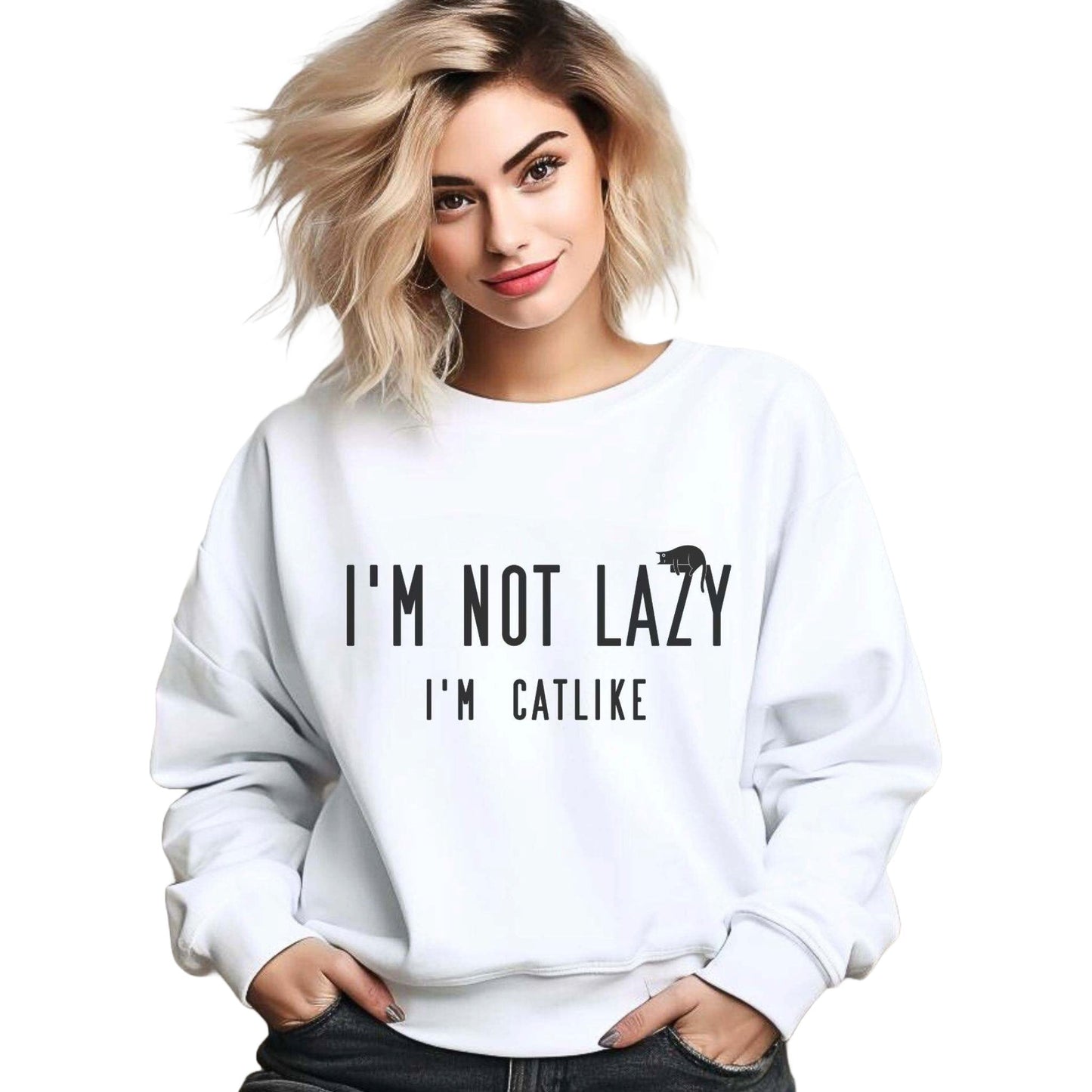 White Not Lazy Crewneck Unisex Cat Themed Sweatshirt