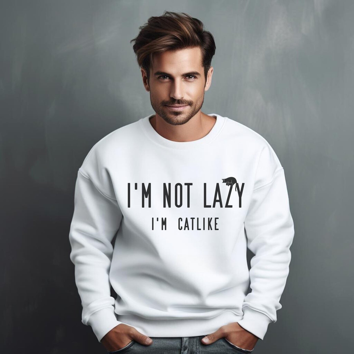 White Not Lazy Crewneck Unisex Cat Themed Sweatshirt
