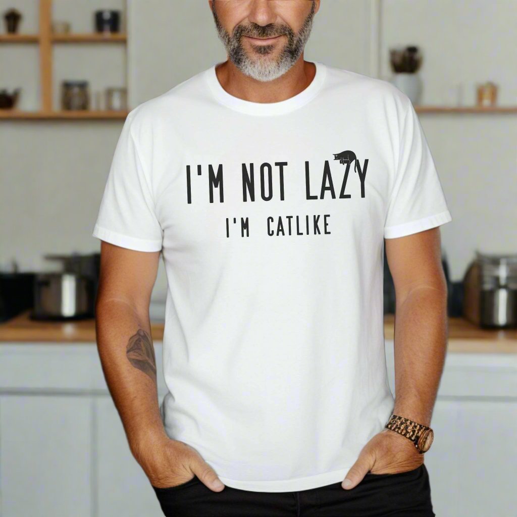 White Not Lazy T-Shirt Cat Theme Unisex Crew Neck