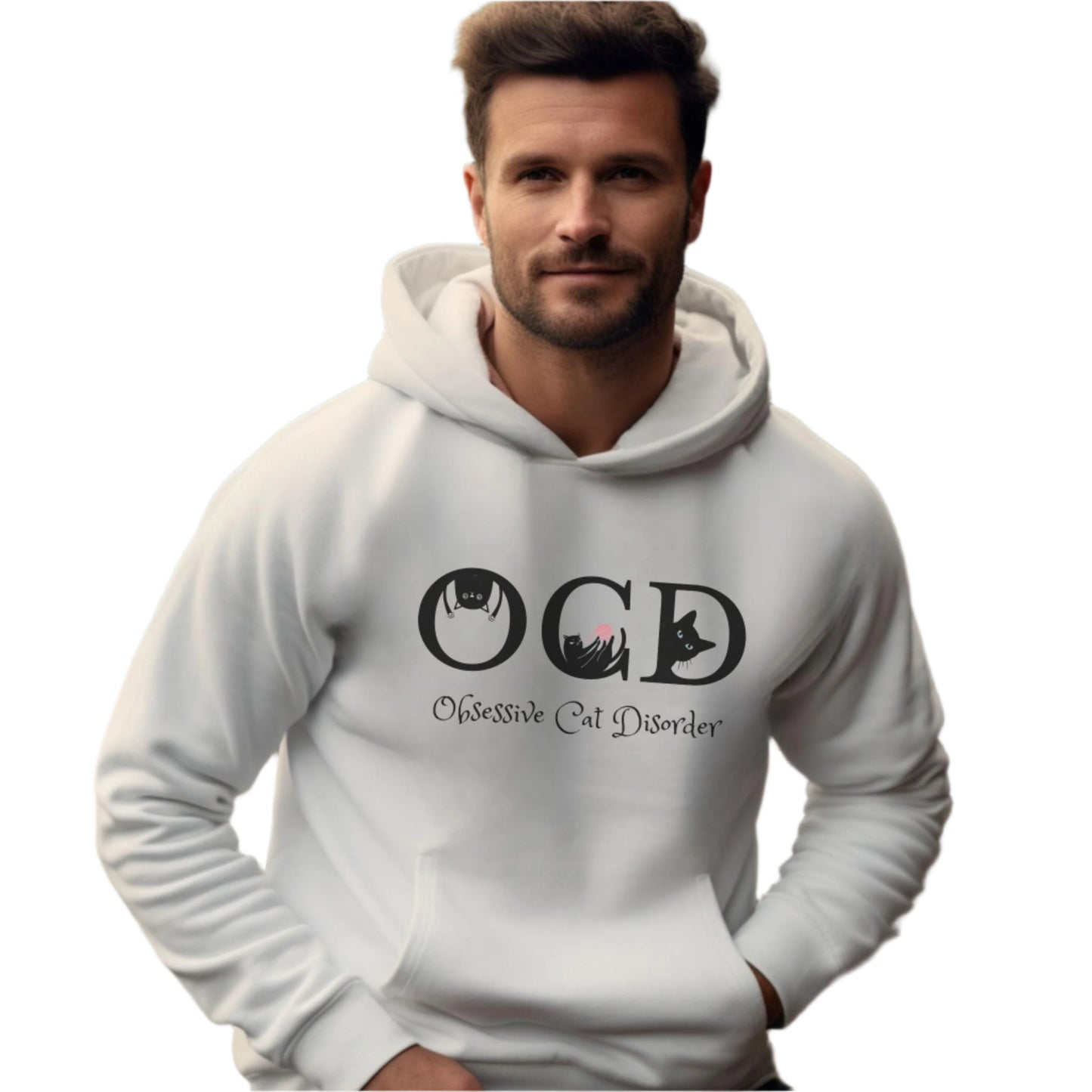 White OCD Cat Themed Unisex Hooded Sweatshirt