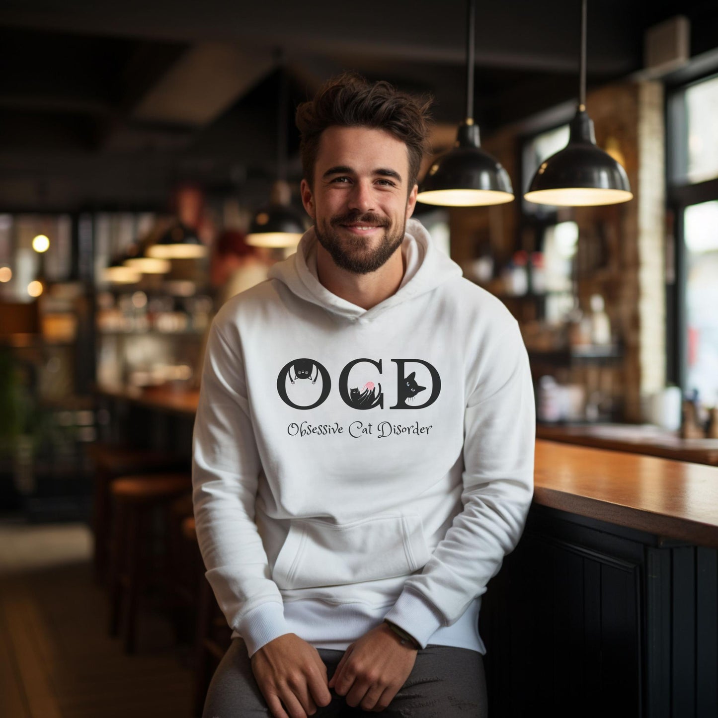 White OCD Cat Themed Unisex Hooded Sweatshirt