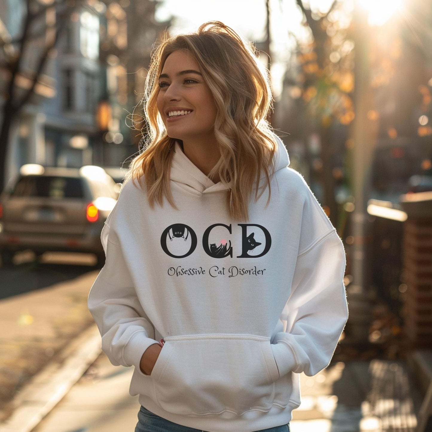 White OCD Cat Themed Unisex Hooded Sweatshirt
