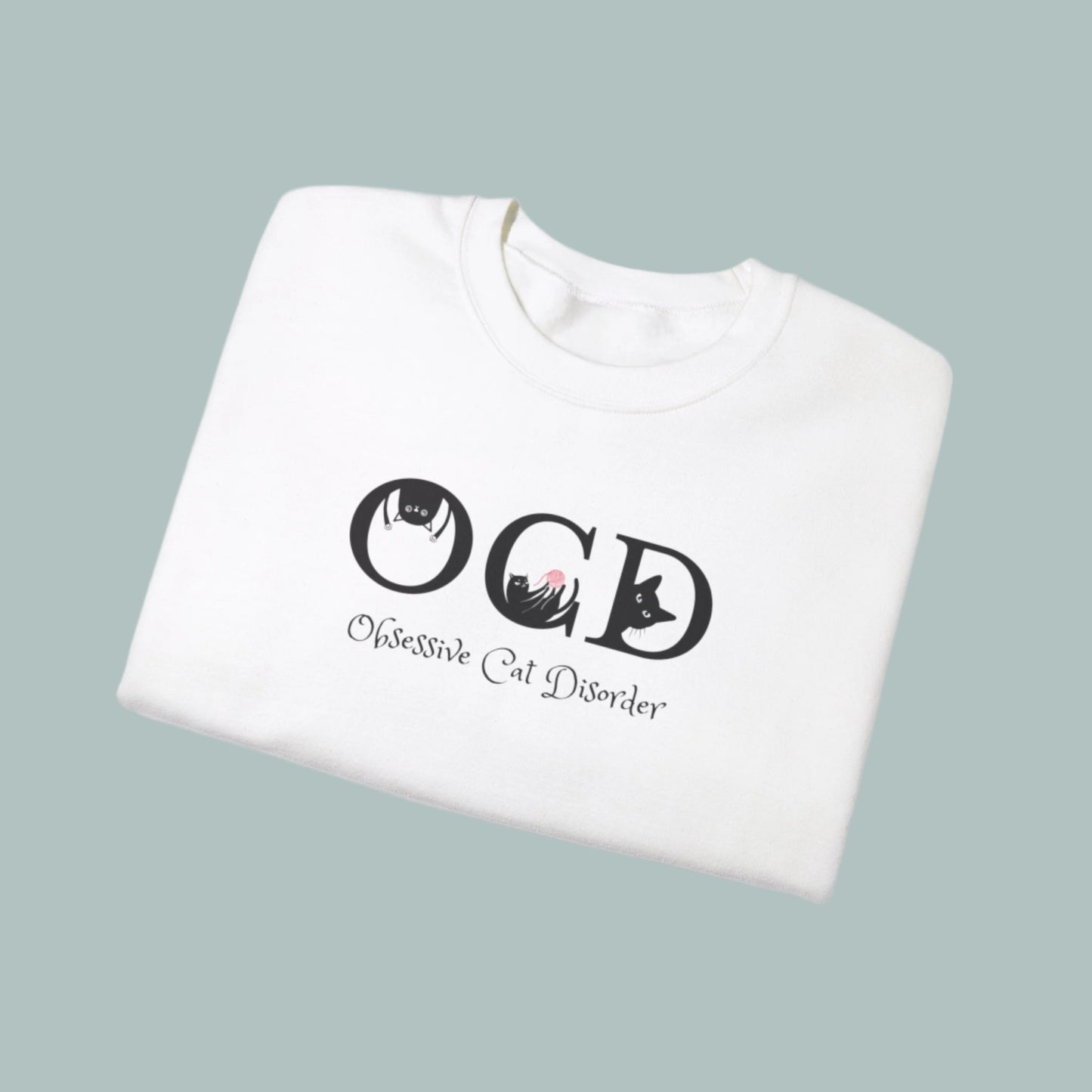 White OCD Crewneck Unisex Sweatshirt Cat Themed