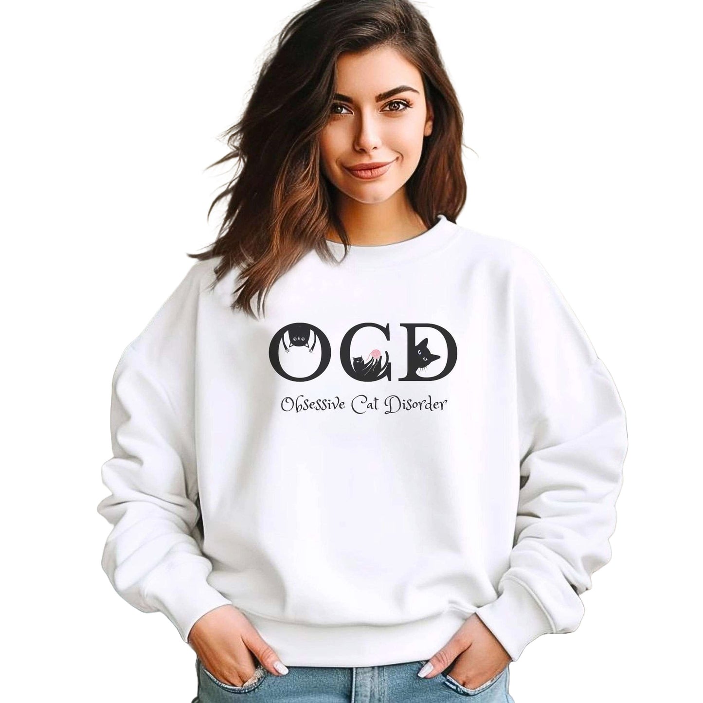 White OCD Crewneck Unisex Sweatshirt Cat Themed
