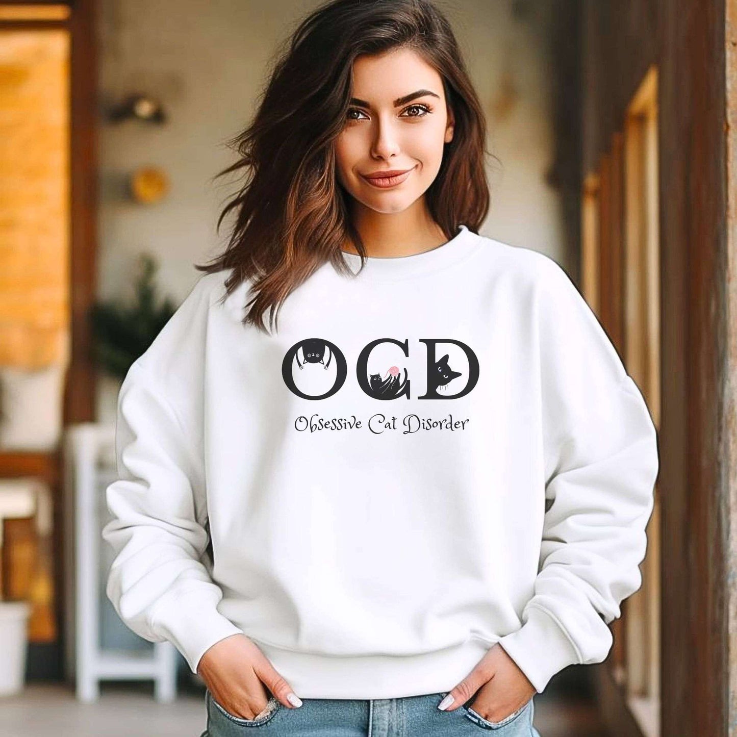 White OCD Crewneck Unisex Sweatshirt Cat Themed