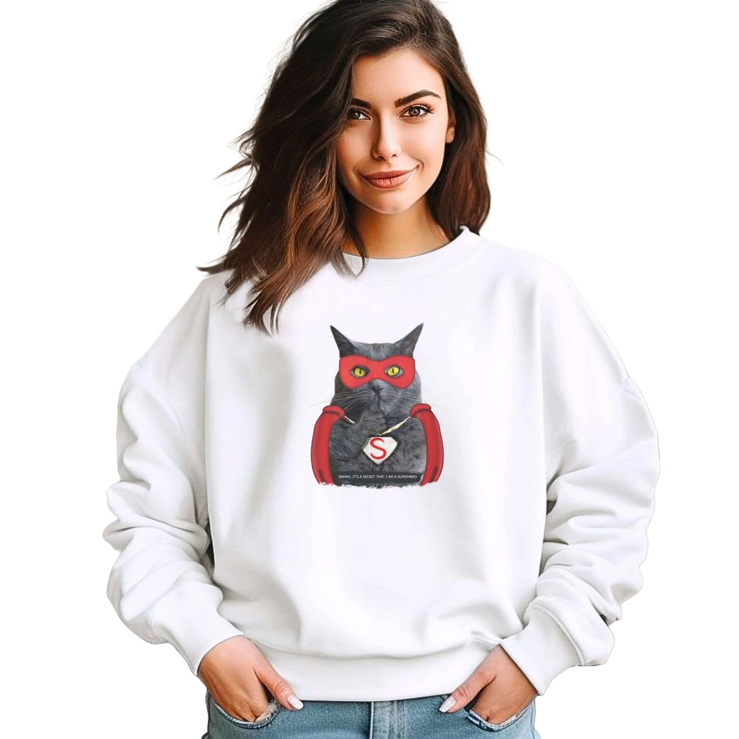 White Super Cat Crewneck Unisex Sweatshirt