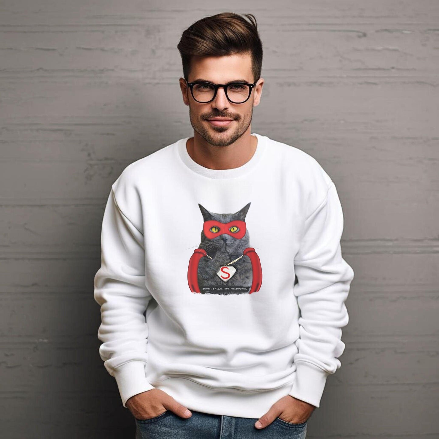White Super Cat Crewneck Unisex Sweatshirt