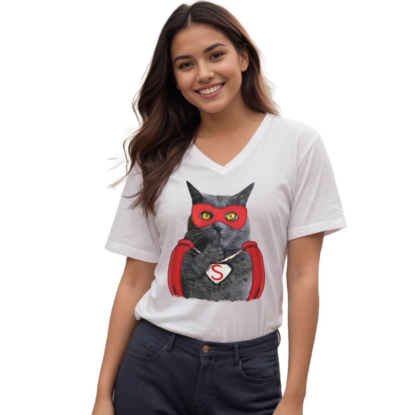 White Super Cat V-Neck Unisex T-Shirt