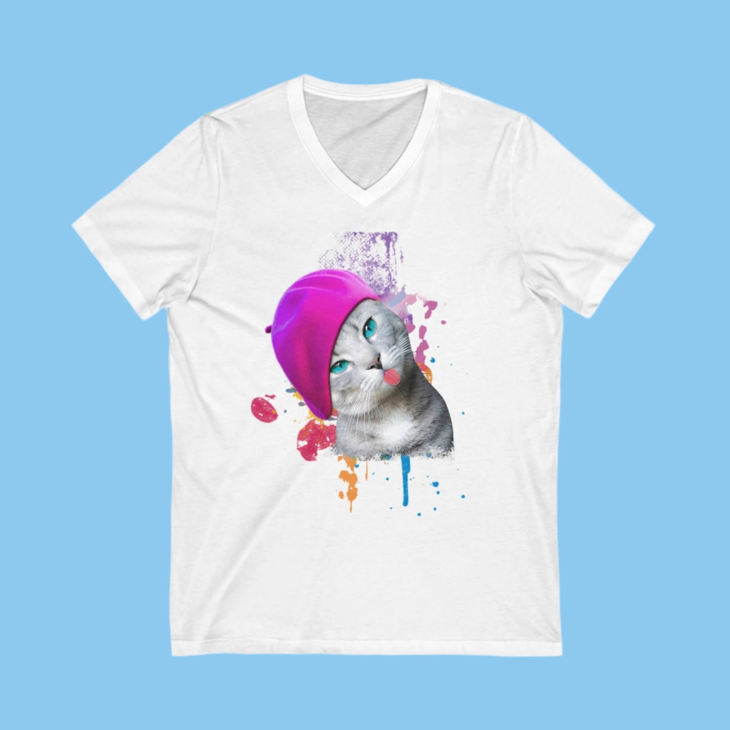 White Beret Girl Cat V-Neck Cat T-Shirt