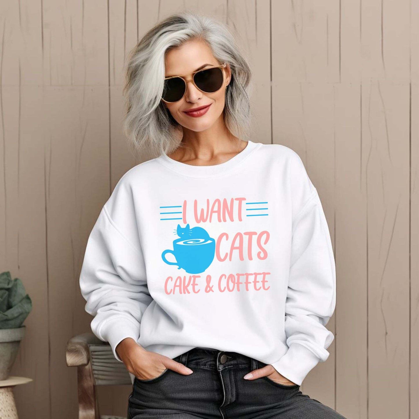 White Cats Cake & Coffee Crewneck Unisex Sweatshirt
