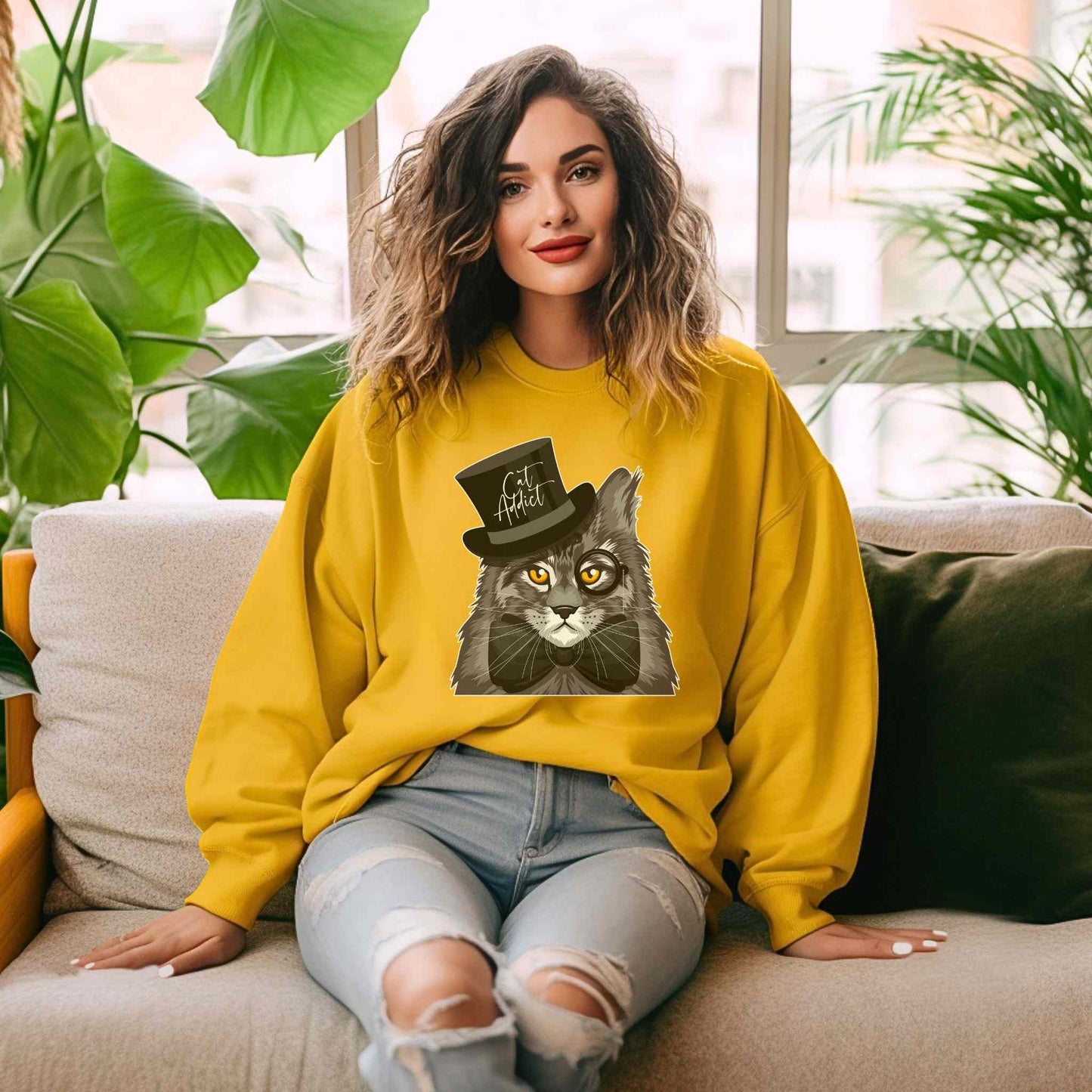 Gold Maine Coon Cat Addict Crewneck Unisex Sweatshirt