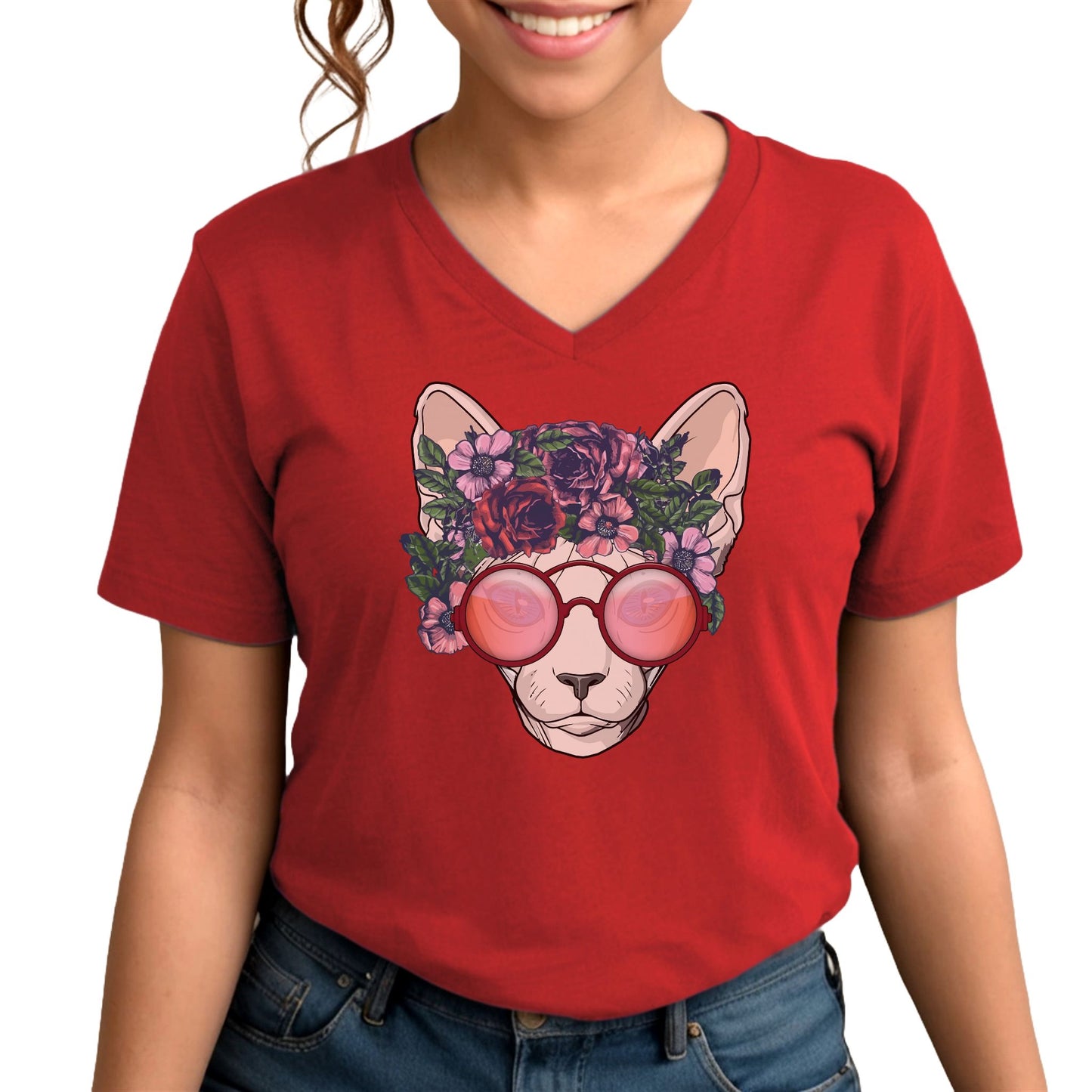 Red flower sphynx cat V-Neck T-shirt