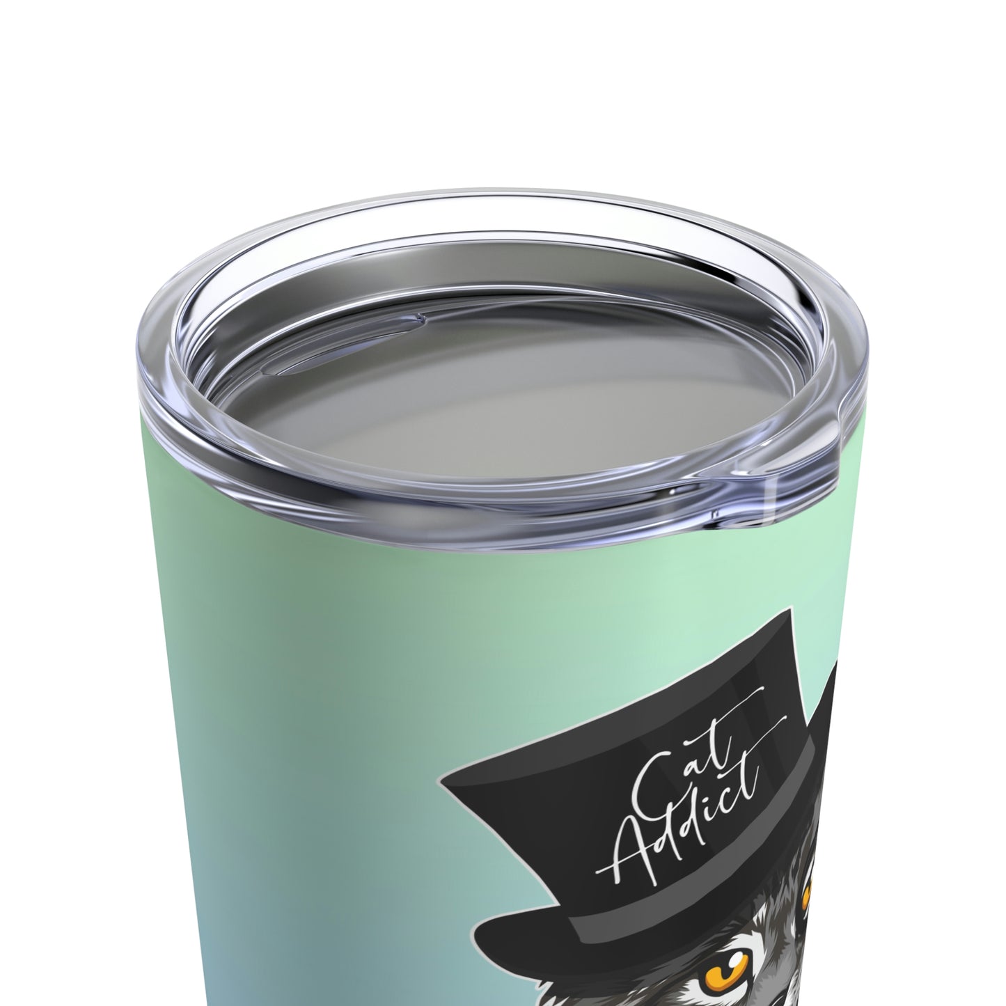 A 20oz blue stainless steel tumbler with a graphic of a Maine Coon cat wearing a top hat and the text 'Cat Addict'.