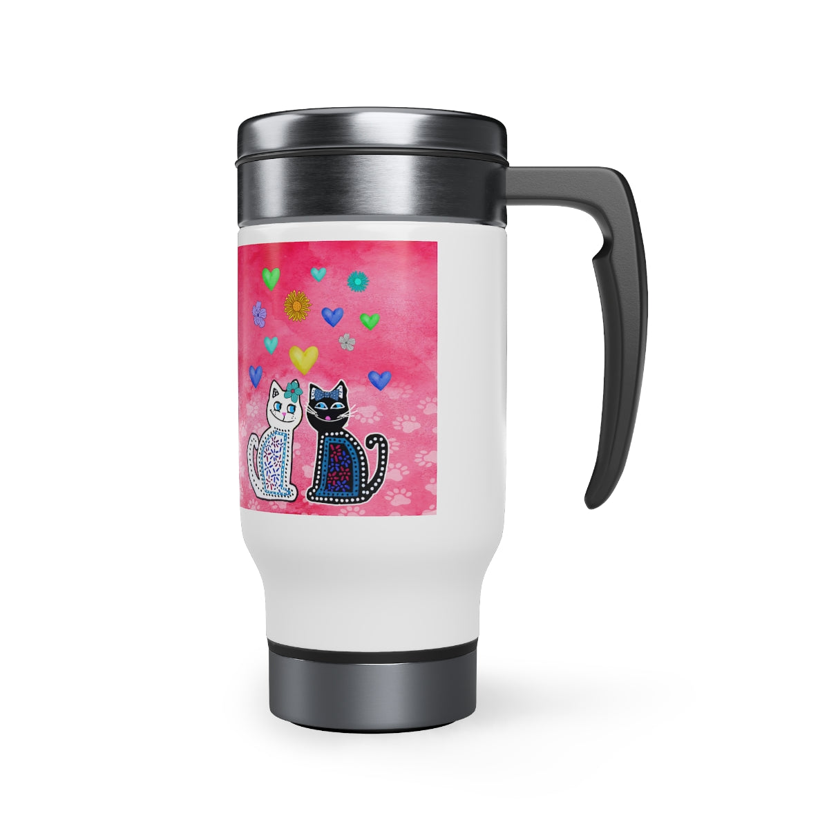 A 14oz stainless steel and plastic insulated travel mug with a cat theme. white and black cat and hearts design, including a handle and a spill resistant screw-on cap.