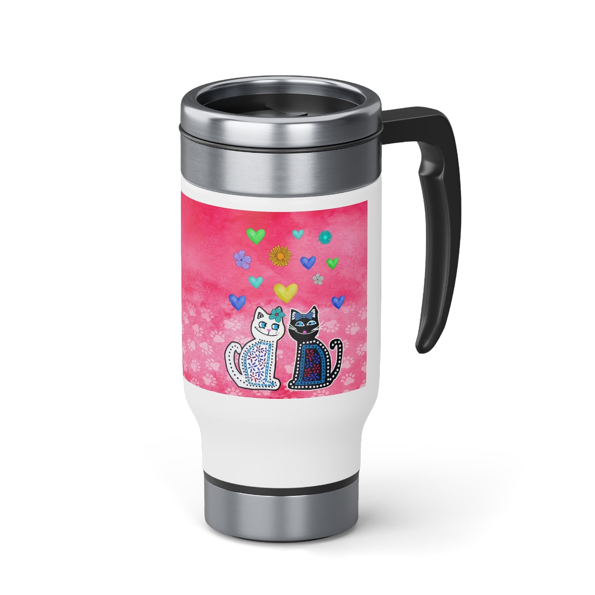A 14oz stainless steel and plastic insulated travel mug with a cat theme. white and black cat and hearts design, including a handle and a spill resistant screw-on cap.