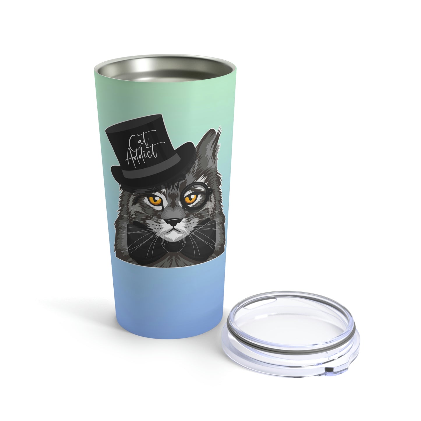 A 20oz blue stainless steel tumbler with a graphic of a Maine Coon cat wearing a top hat and the text 'Cat Addict'.