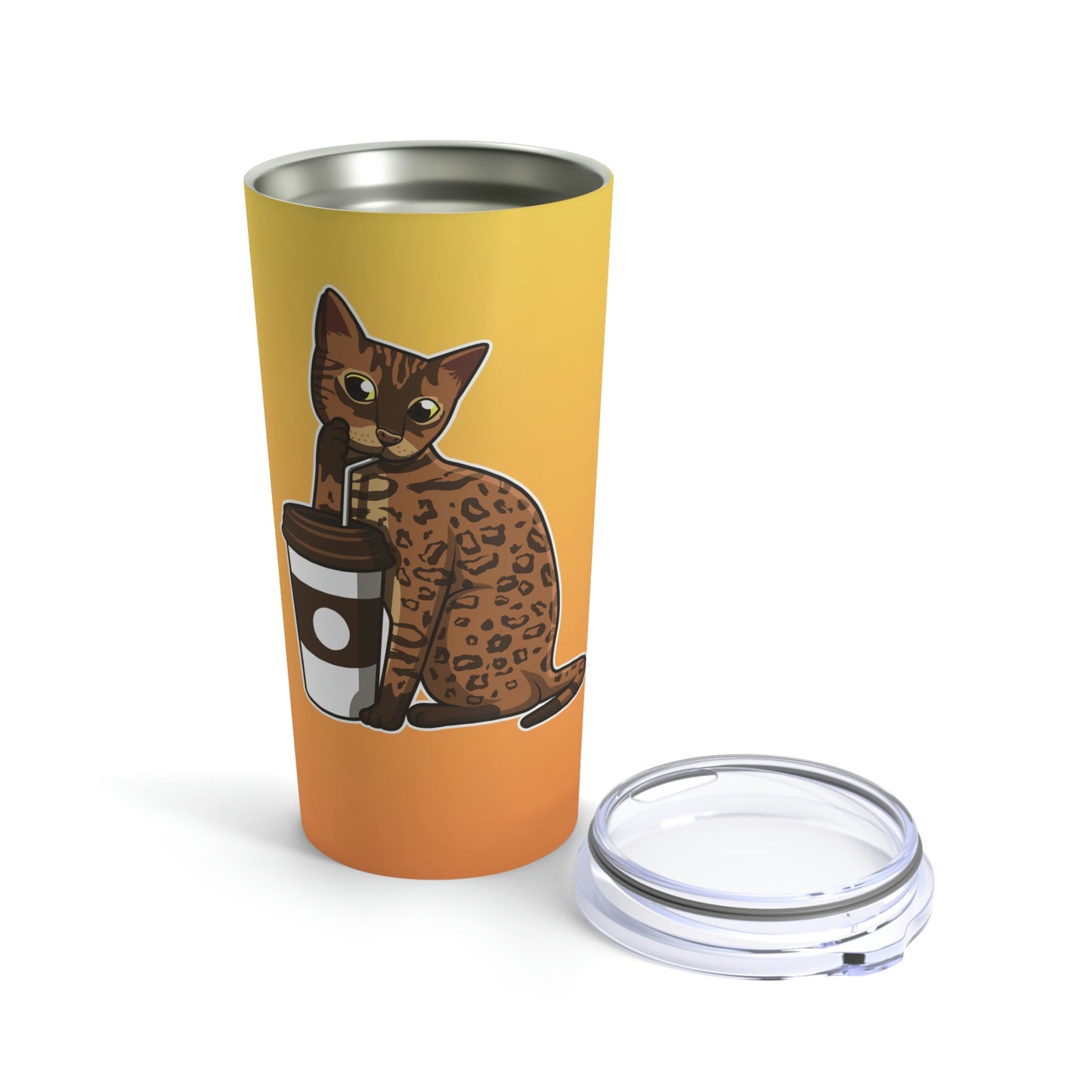 A 20oz stainless steel tumbler with a yellow background featuring a cartoon image of a Bengal cat drinking from a straw. The tumbler is vacuum-insulated and has a clear lid.