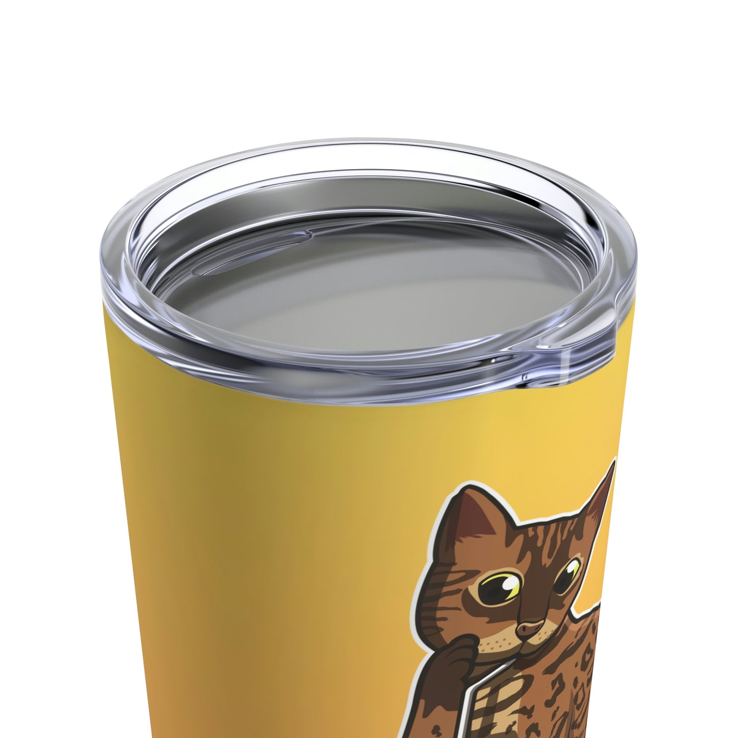 A 20oz stainless steel tumbler with a yellow background featuring a cartoon image of a Bengal cat drinking from a straw. The tumbler is vacuum-insulated and has a clear lid.