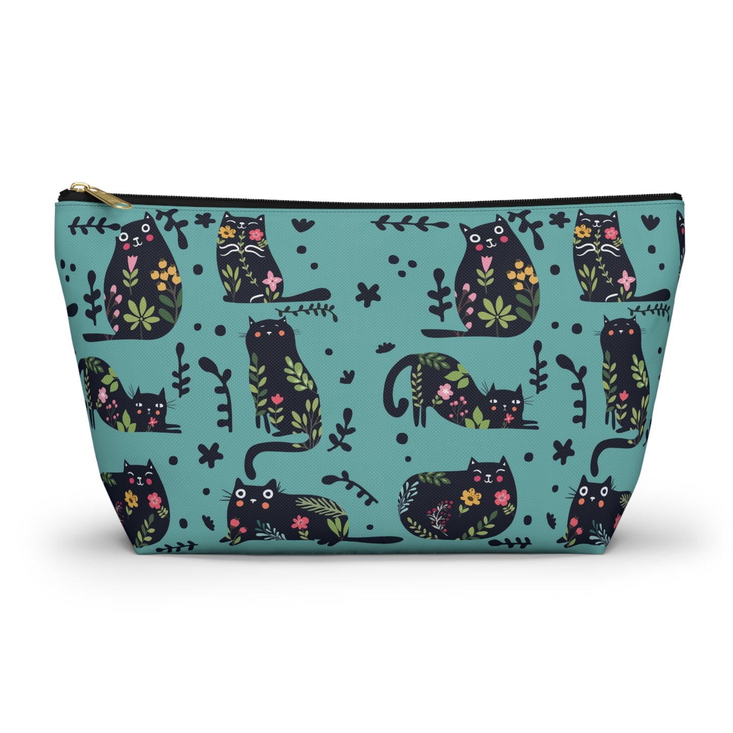 A blue cosmetic and toiletry bag with an abstract pattern featuring black cats and floral design. Cosmetic, makeup, toiletry, travel, pencil case & everyday bag for cat lovers.