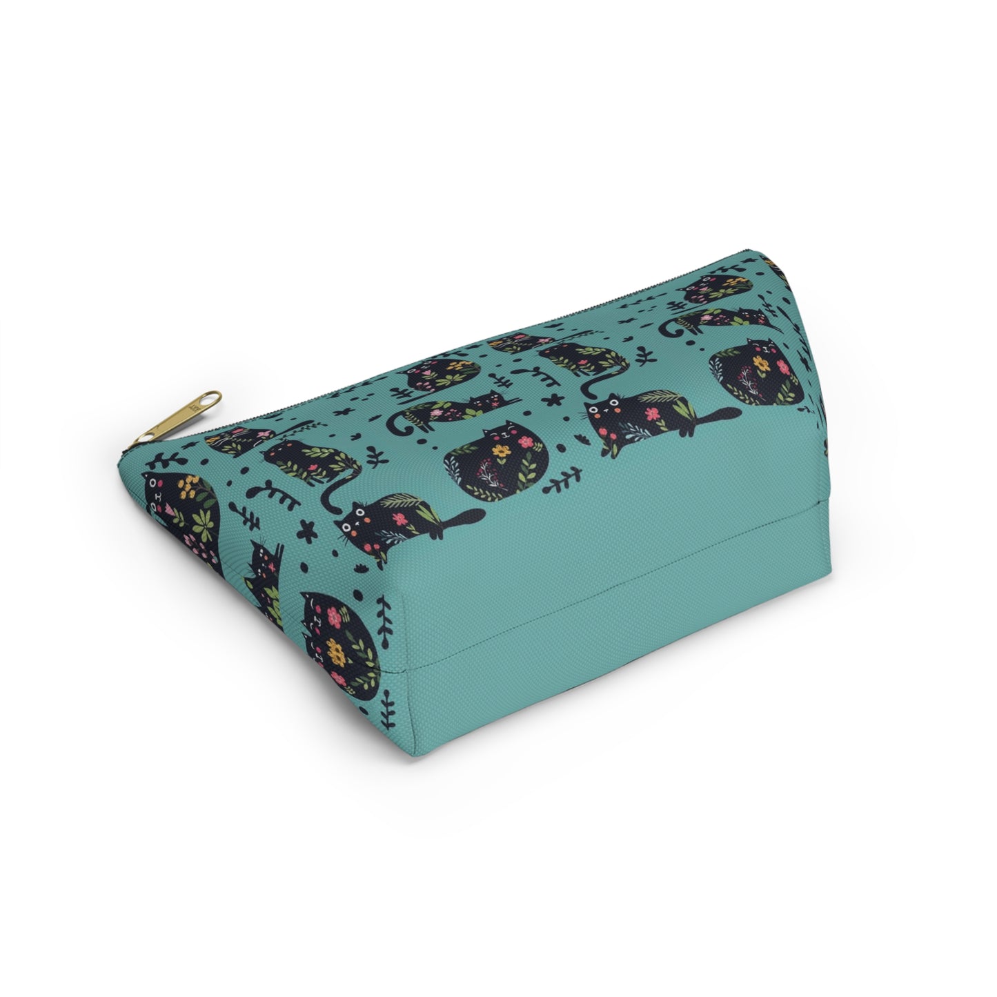 A blue cosmetic and toiletry bag with an abstract pattern featuring black cats and floral design. Cosmetic, makeup, toiletry, travel, pencil case & everyday bag for cat lovers.
