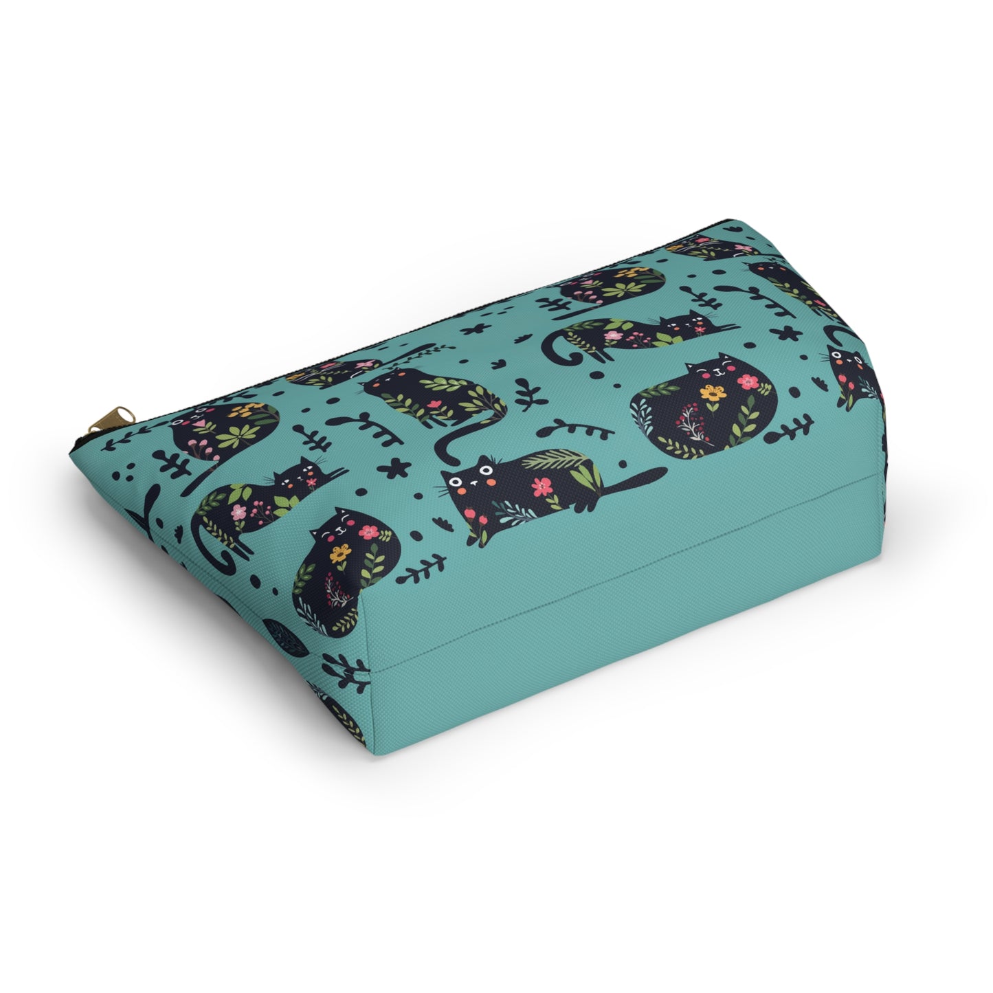 A blue cosmetic and toiletry bag with an abstract pattern featuring black cats and floral design. Cosmetic, makeup, toiletry, travel, pencil case & everyday bag for cat lovers.
