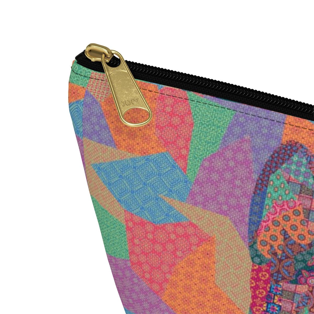 A colorful polyester accessory bag featuring a vibrant, multicolored cat pattern, makeup. cosmetic, toiletries, travel essentials bag.