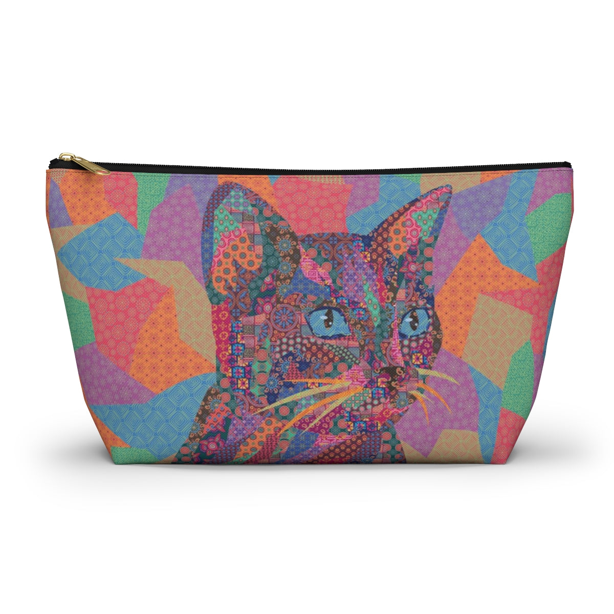 A colorful polyester accessory bag featuring a vibrant, multicolored cat pattern, makeup. cosmetic, toiletries, travel essentials bag.