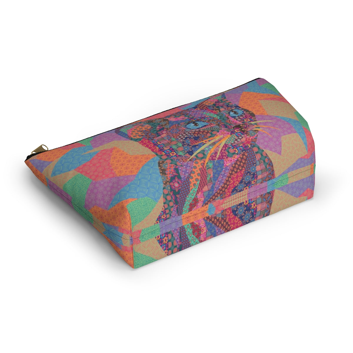 A colorful polyester accessory bag featuring a vibrant, multicolored cat pattern, makeup. cosmetic, toiletries, travel essentials bag.