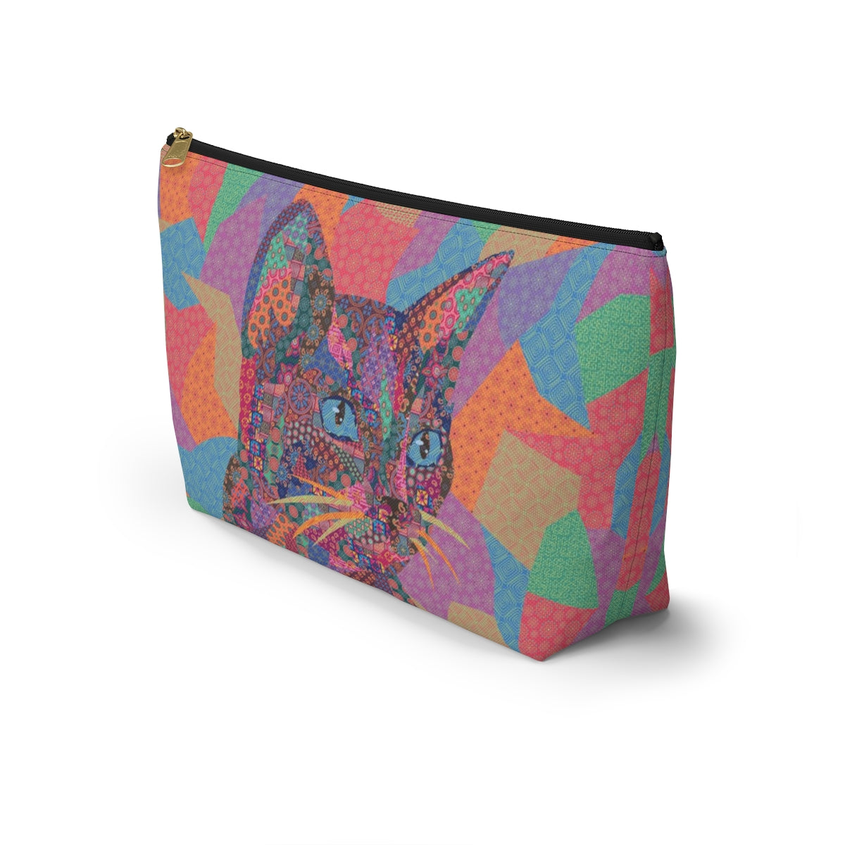 A colorful polyester accessory bag featuring a vibrant, multicolored cat pattern, makeup. cosmetic, toiletries, travel essentials bag.